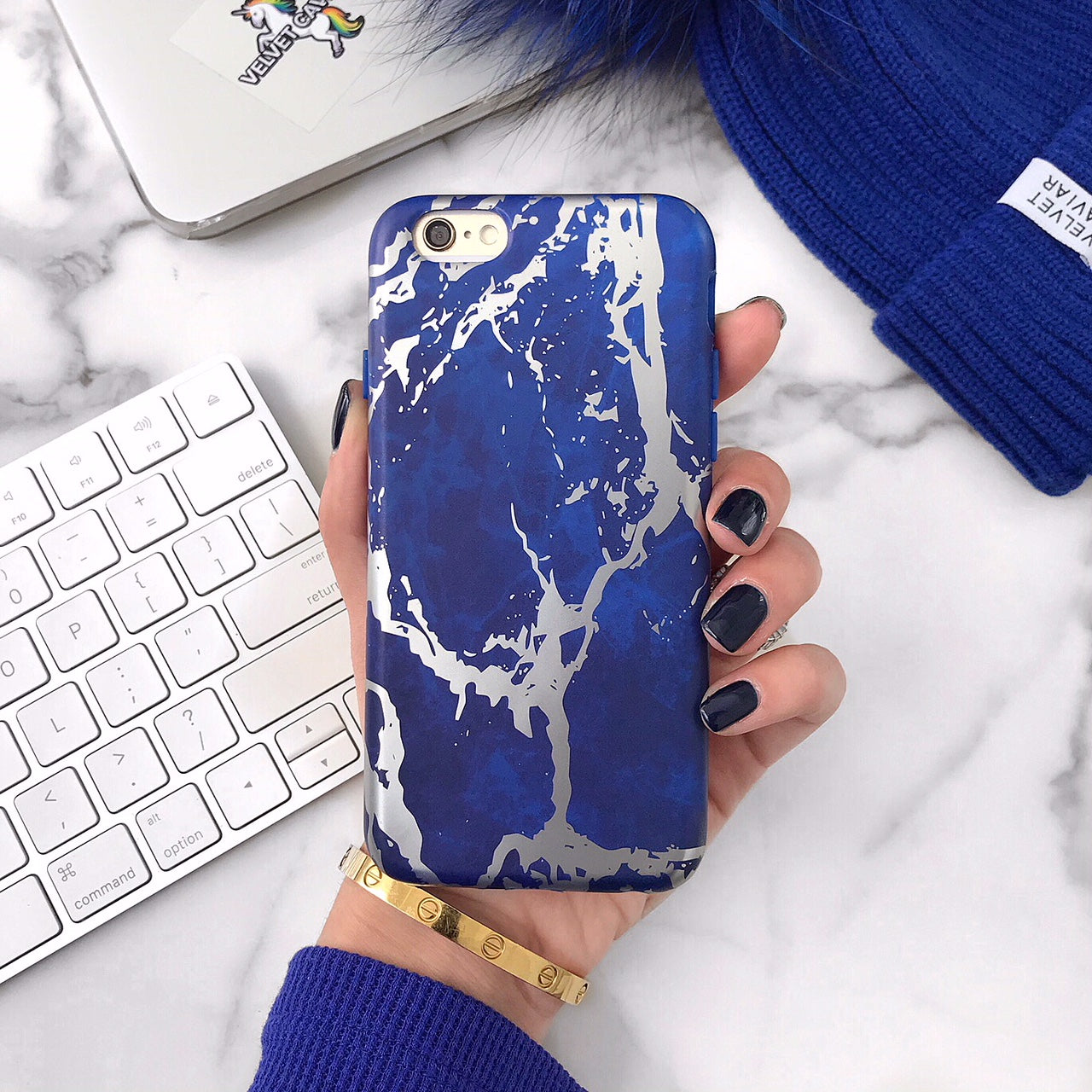 Navy Blue Marble Silver Chrome iPhone Case - Stylish Protective Cover for iPhone 13/14/15 Pro Max - Durable Shockproof Phone Case for Everyday Use & Travel