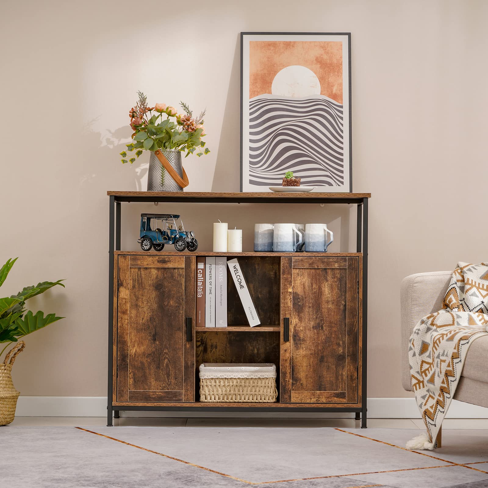 Rustic Brown 2-Door Storage Cabinet with Adjustable Shelves & Open Compartment - Buffet Sideboard for Dining Room & Living Room | Perfect for Home Organization, Kitchen Storage & Displaying Decor
