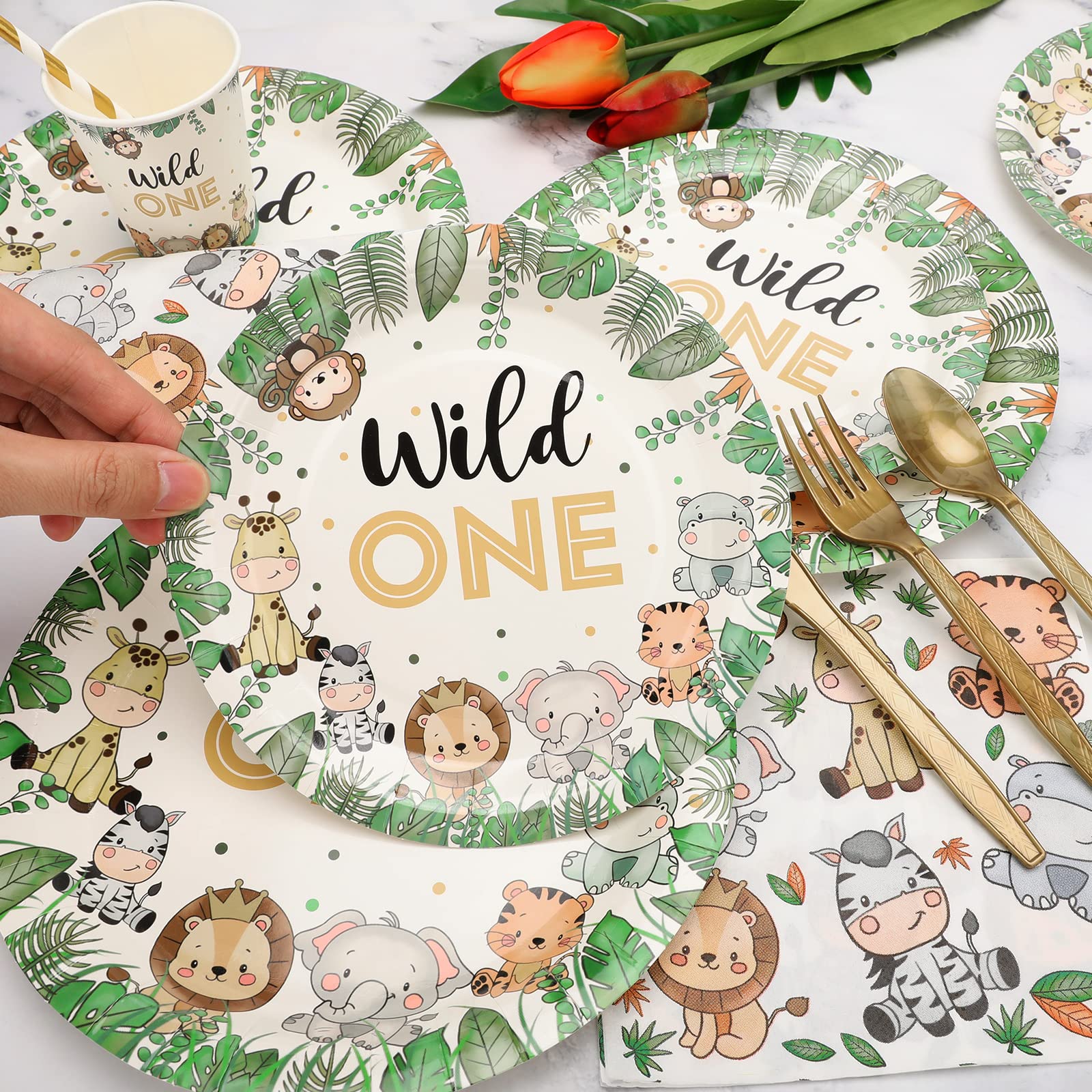 240-Piece Wild One 1st Birthday Party Decorations Set - Jungle Theme Tableware for 30 Guests Including Plates, Cups, Napkins & Straws (30-Pack) - Perfect for Baby's First Birthday, Safari Themed Parties & Animal Print Celebrations