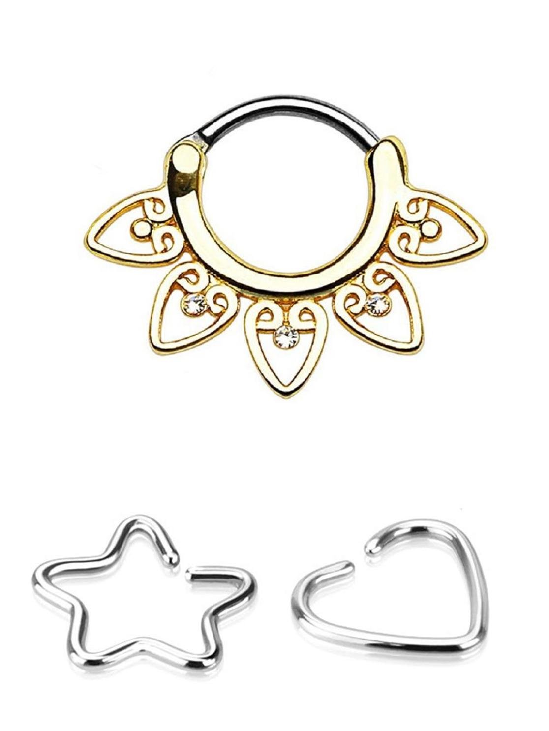Gold Plated Tribal Fan Septum Clicker with Clear Gems - 132GC Body Jewelry | Free Gifts Included | Perfect for Piercing Enthusiasts & Festival Fashion