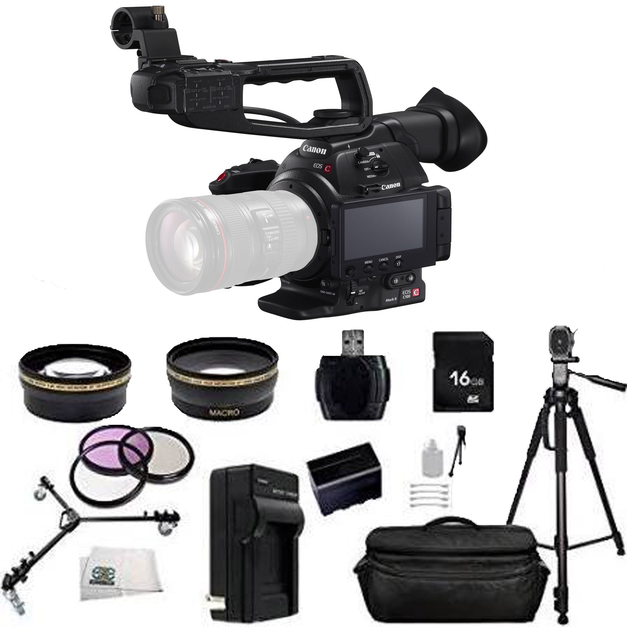 Canon EOS C100 Mark II Digital Cinema Camera Body with Dual Pixel CMOS AF - Professional DSLR Video Camera for Filmmaking & Photography - Includes Tripod Bundle for Studio & Outdoor Shooting