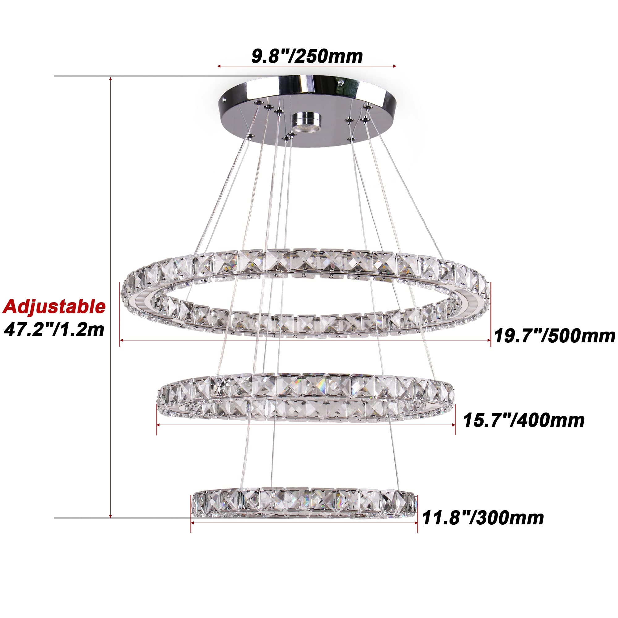 Modern LED Crystal Chandelier - 3 Ring Adjustable Ceiling Light Fixture with Cool White LEDs for Living Room, Dining Room, Bedroom & Hallway | Elegant Home Lighting for Parties, Weddings & Interior Decor