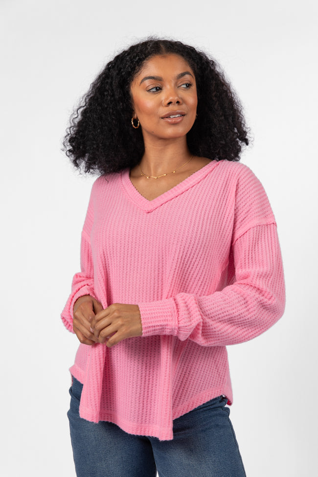 Idle Hands Pink Waffle Knit V-Neck Oversized Sweater Top for Women | Cozy Casual Wear | Perfect for Fall & Winter Outfits, Date Nights and Lounge