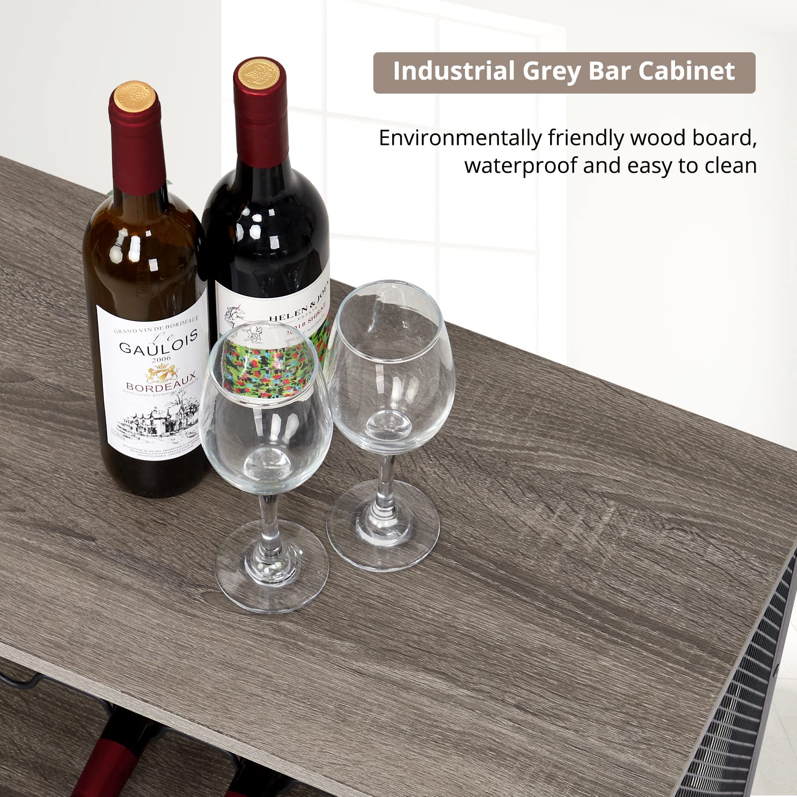 Modern Grey Bar Cabinet for Home - Wine & Liquor Storage with Removable Wine Rack, Glass Holder & Coffee Bar - Space-Saving Corner Cabinet for Living Room, Dining Room or Home Office