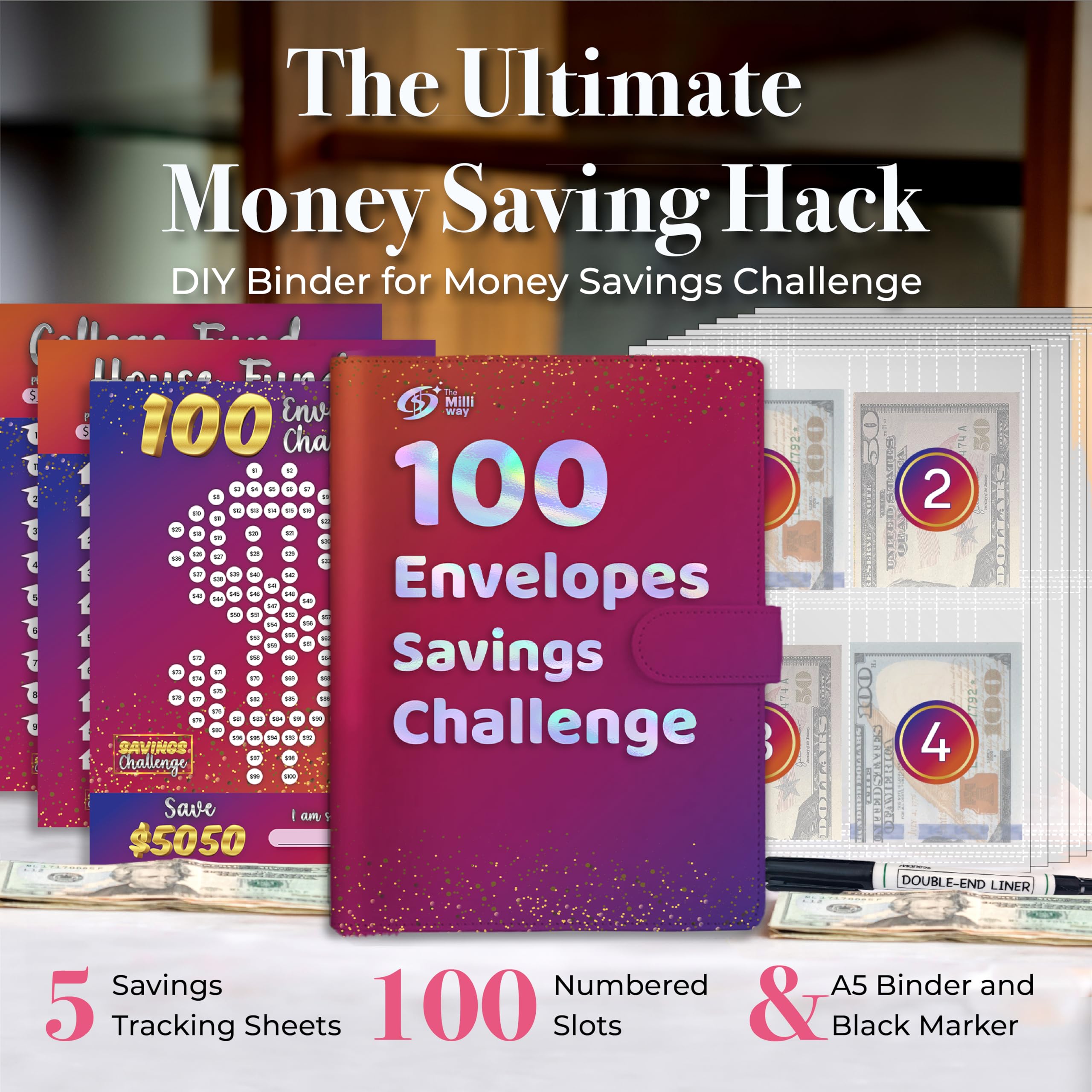 100 Envelope Money Saving Challenge Binder - Budget Tracker & Savings Organizer for $5050 in 100 Days | Fun Cash Envelope System for Financial Goals | Perfect for Home Budgeting, Emergency Funds & Debt Payoff (Pink)
