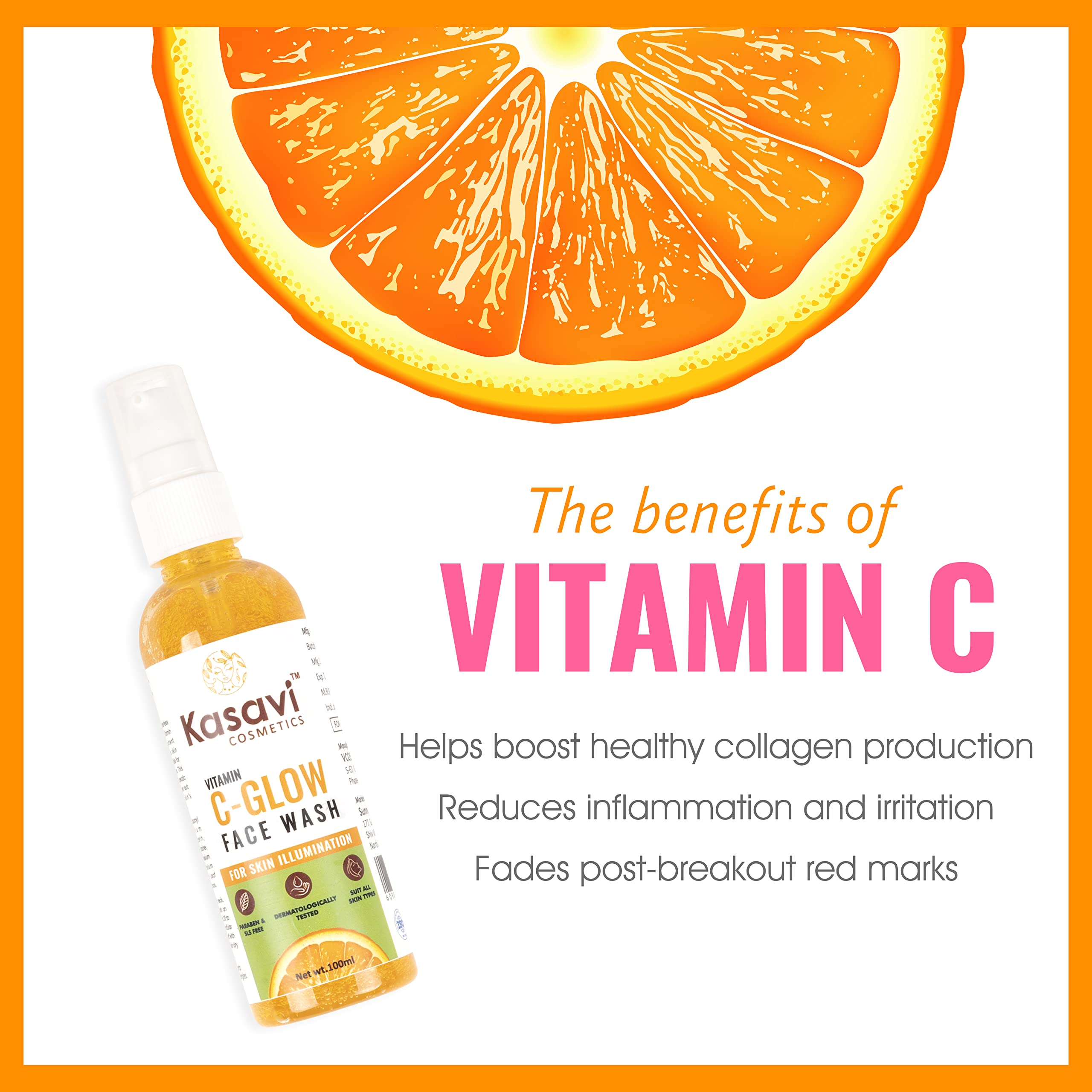 Kasavi Vitamin C Glow Face Wash - Brightening Cleanser for Radiant Skin (100ml) | Pack of 2 | Gentle Daily Facial Cleanser for Dullness & Uneven Skin Tone | Perfect for Morning & Night Skincare Routine