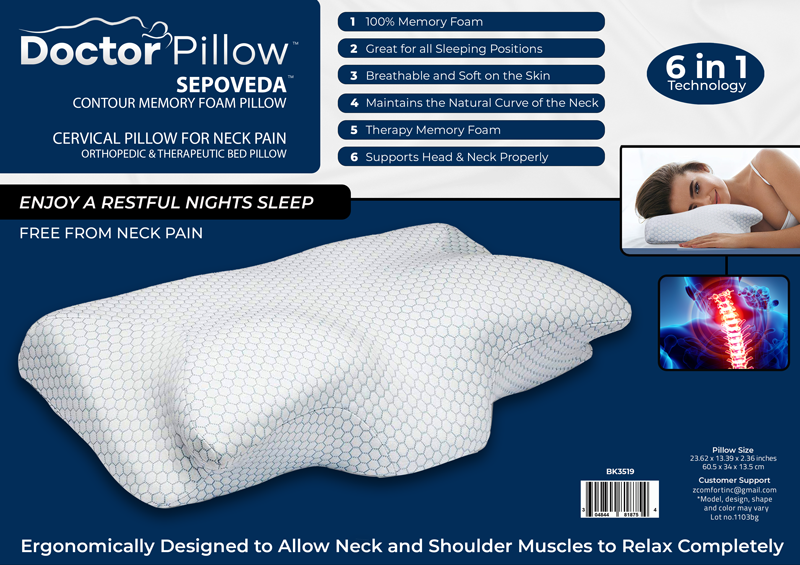 DOCTOR PILLOW SEPOVEDA Contour Memory Foam Pillow for Neck Pain Relief - Orthopedic Cervical Support Pillow for Side, Back & Stomach Sleepers - Perfect for Home, Office & Travel Use