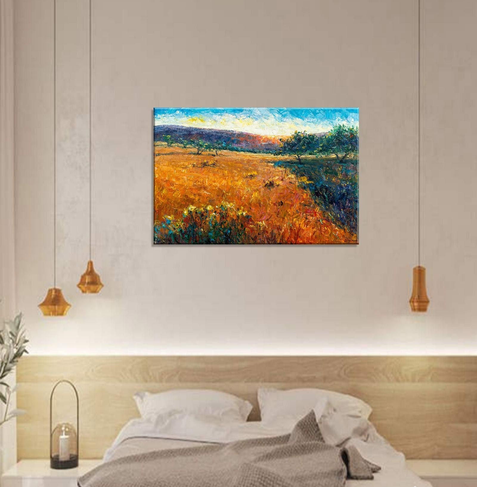 Tuscany Sunset Large Oil Painting - Handmade Canvas Wall Art, Modern Landscape Artwork for Living Room & Bedroom Decor