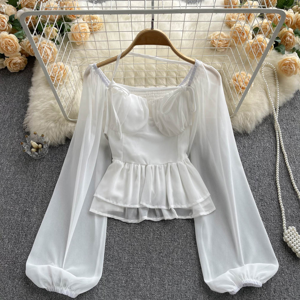 French Lantern Sleeve Chiffon Top - Summer Print Cropped Shirt for Women | Boho Chic Blouse for Beach Vacation & Casual Outings