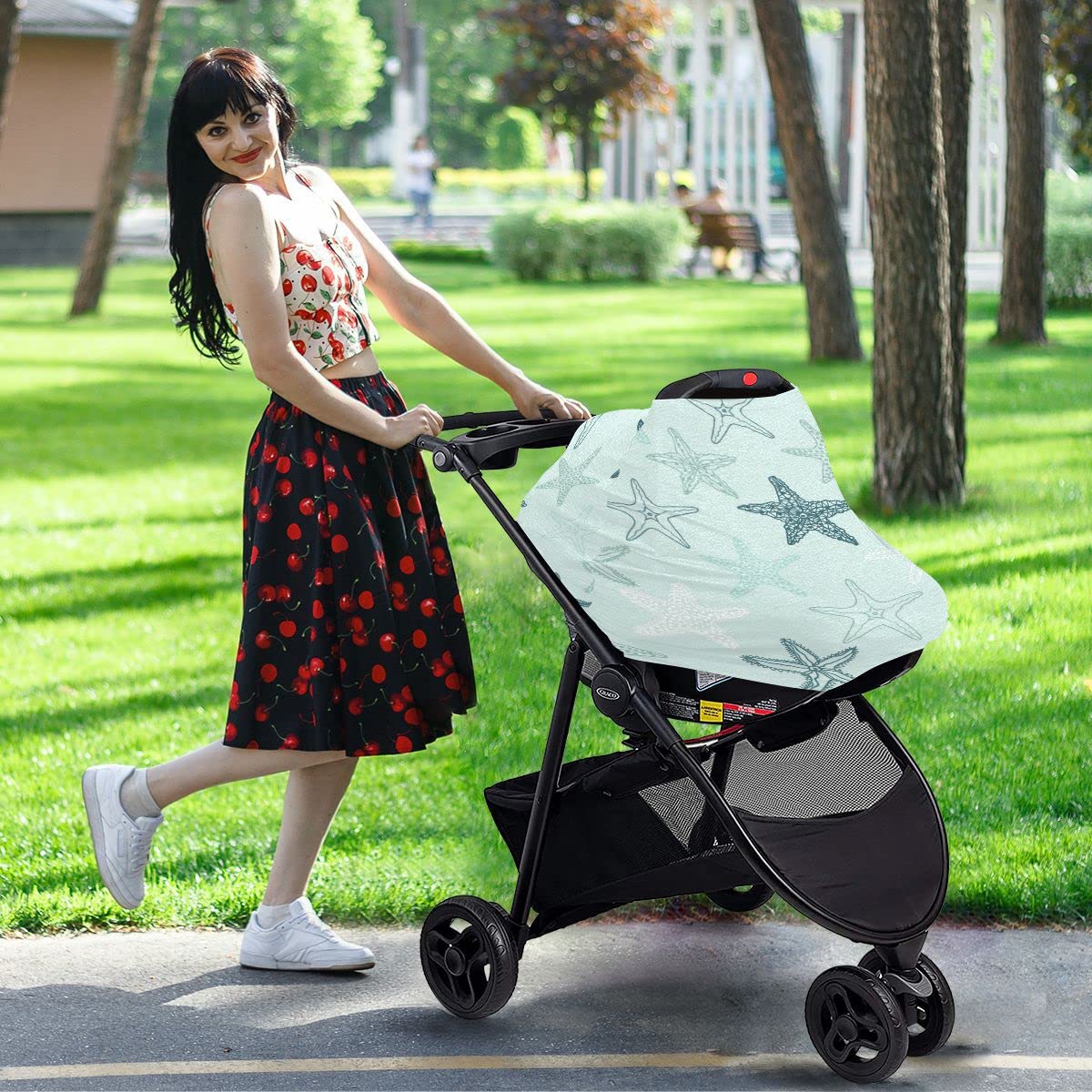 Multi-Purpose Baby Car Seat Canopy & Nursing Cover - Breathable Stroller and Car Seat Cover, Breastfeeding Shawl for Boys & Girls, Blue Starfish Design - Perfect for Travel, Shopping, and Outdoor Activities