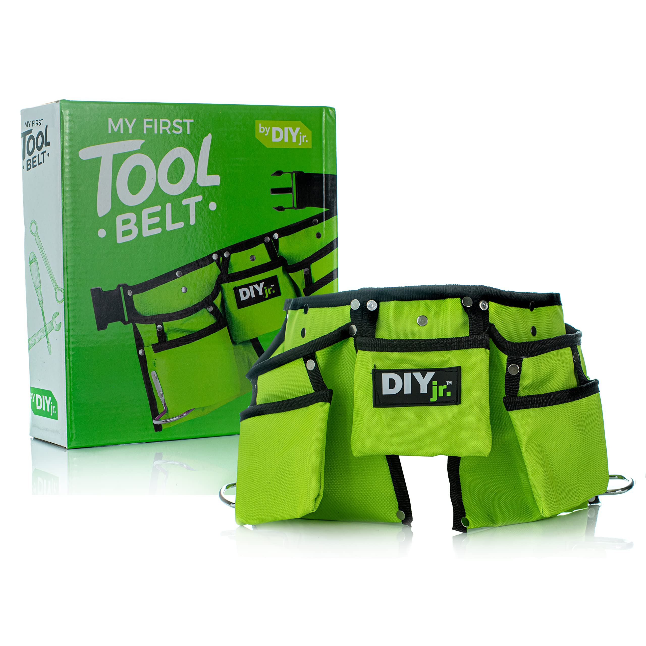 My First Tool Belt Green by DIYjr - Adjustable Kids Tool Belt for Boys & Girls, Durable Construction Apron for Junior Carpenters - Perfect for DIY Projects, Pretend Play & Woodworking Activities