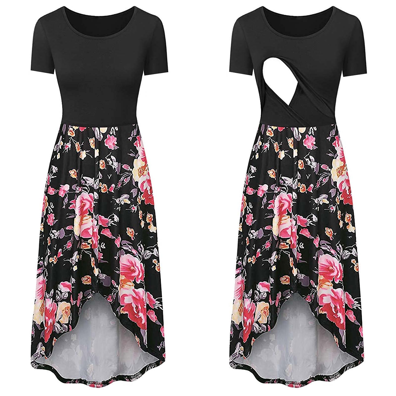 Women's Maternity Dress Short Sleeve Floral Swing Dress - Breathable Pregnancy Clothes for Baby Shower, Maternity Photos & Everyday Wear
