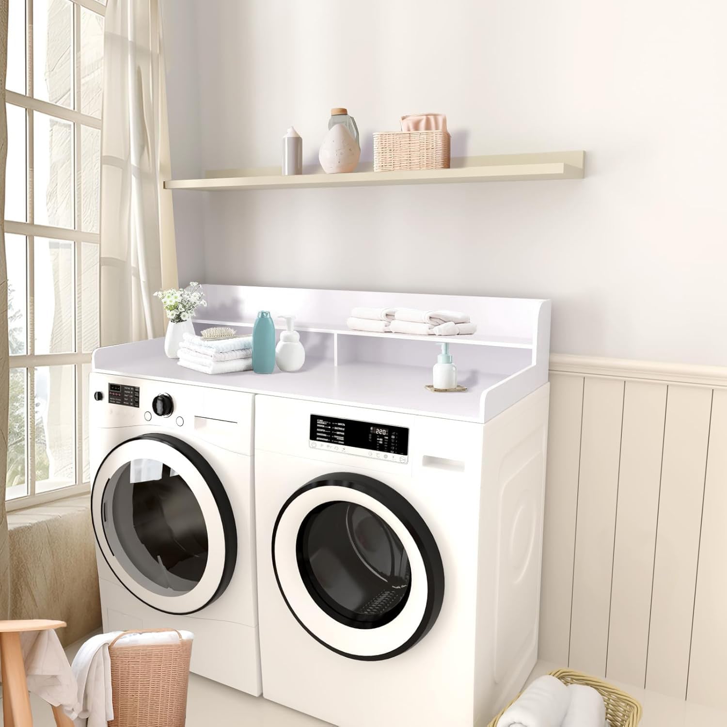 Compact White 2-Tier Laundry Countertop with Storage - Space-Saving Washer & Dryer Stand for Small Apartments, Kitchens & Laundry Rooms - Perfect for Organizing Detergents & Cleaning Supplies