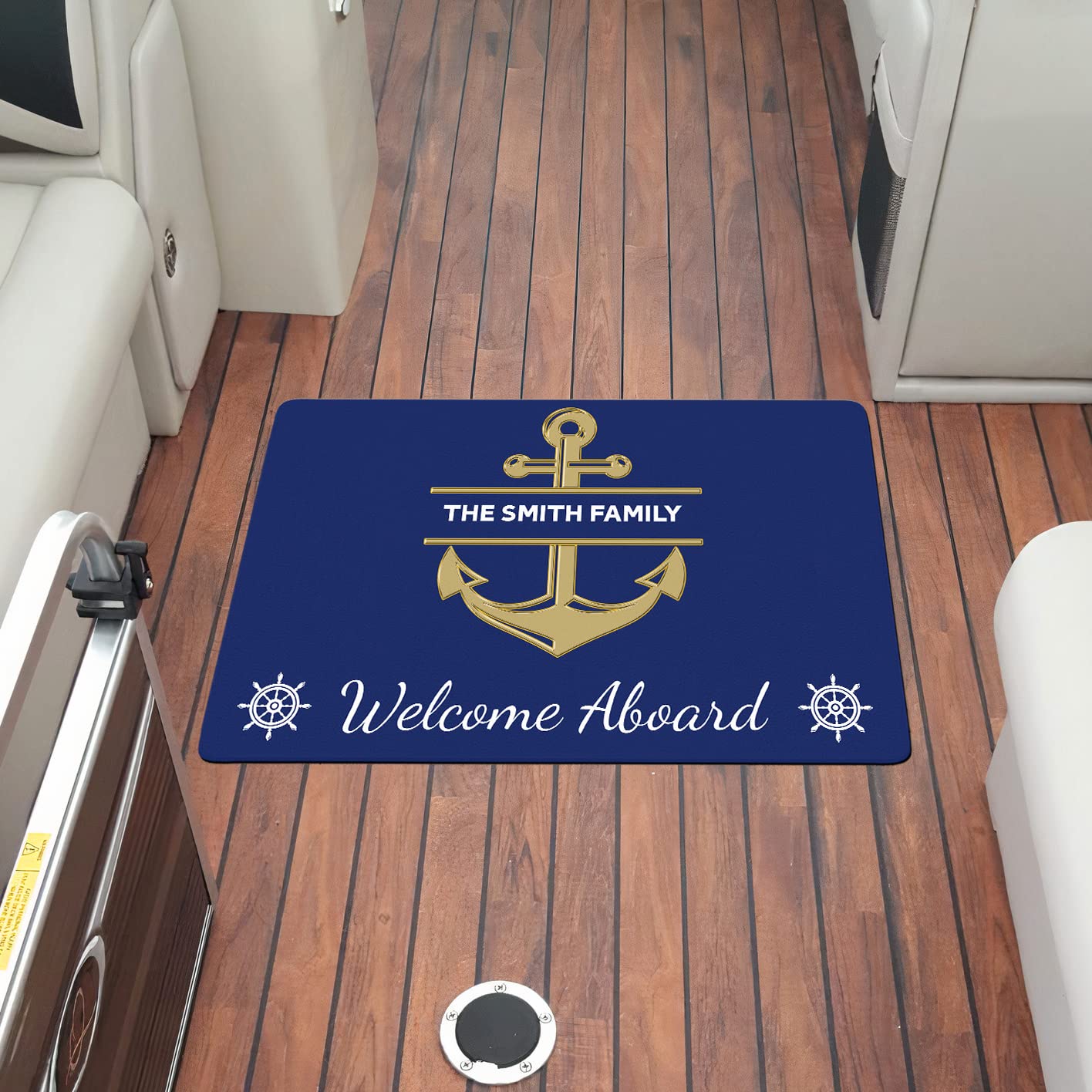 Custom Personalized Welcome Aboard Boat Mat - Non-Slip Washable Anchor Door Mat with Name, Perfect Nautical Gift for Yacht Owners & Sailors | Ideal for Indoor/Outdoor Use on Boats, Decks & Marine Entrances