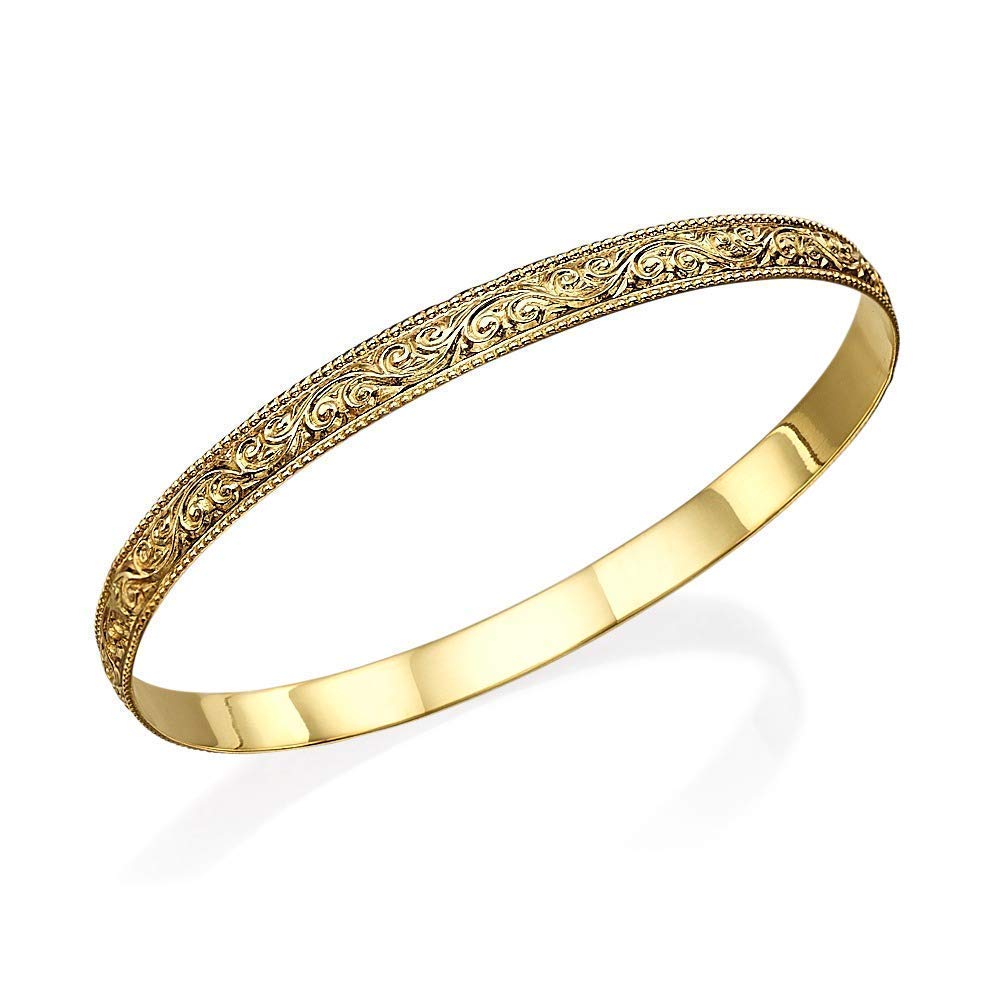 14k Solid Yellow Gold Moroccan Bangle Bracelet for Women - Vintage Heavyweight Milgrain Design Stackable Jewelry (5.4mm) | Perfect for Boho Chic Outfits, Weddings & Layered Arm Candy