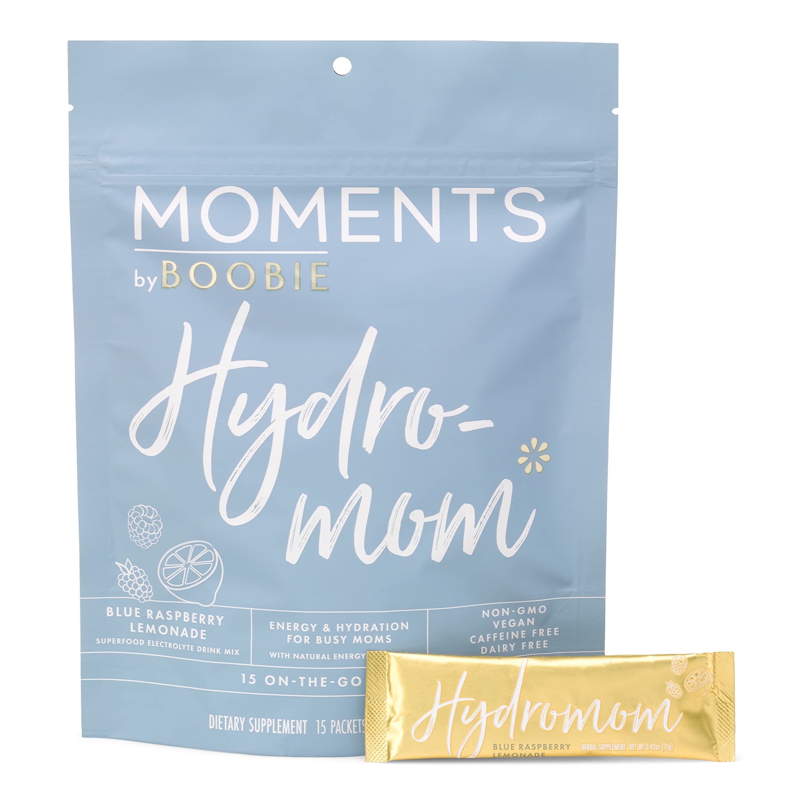 Boobie Hydromom Superfood Electrolyte Drink Mix - Blue Raspberry Lemonade Flavor | 15 Packets for Energy & Hydration Boost | Perfect for Pregnancy, Breastfeeding Moms | Great for Travel, Gym & Post-Workout Recovery