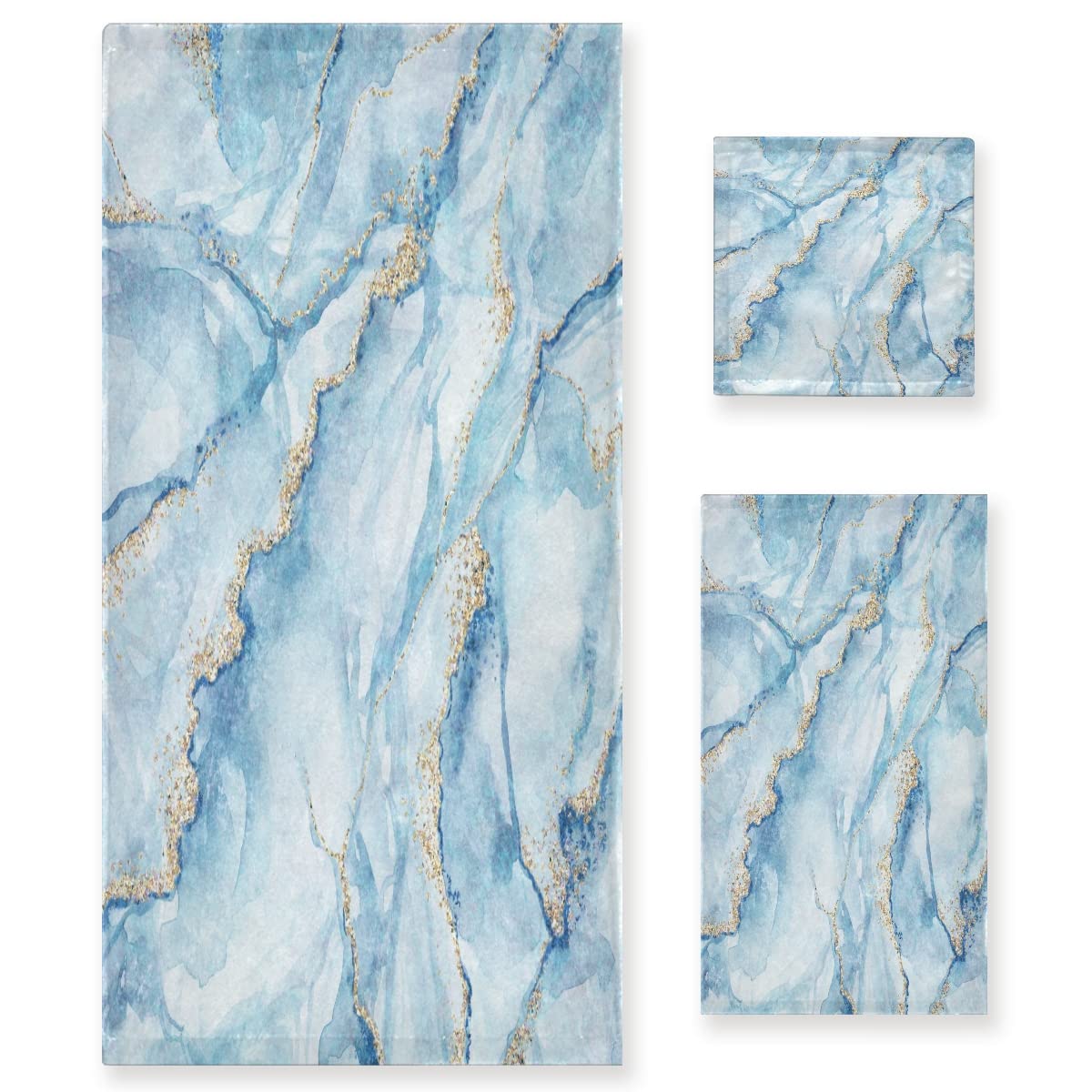Premium Sky Blue Marble with Gold Bath Towels Set of 3 - Super Absorbent, Soft & Luxurious for Bathroom, Spa, Beach, Gym & Pool Use - Quick Dry Decorative Towel Collection for Home & Travel