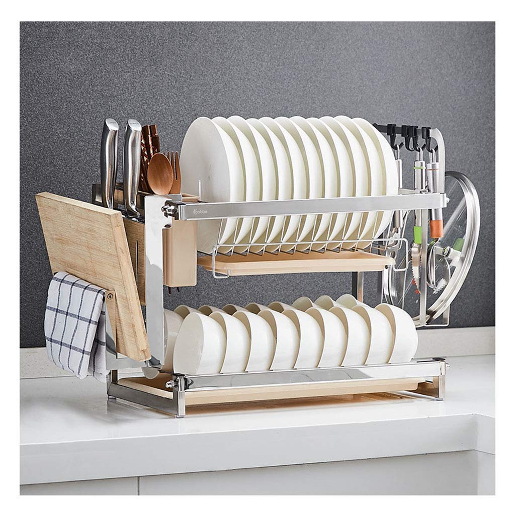 Stainless Steel 2-Tier Kitchen Shelf Organizer - Dish Drain Rack with Water Tray & Hooks for Utensils, Spices, Plates Storage | Space-Saving Countertop Solution for Small Kitchens & RVs