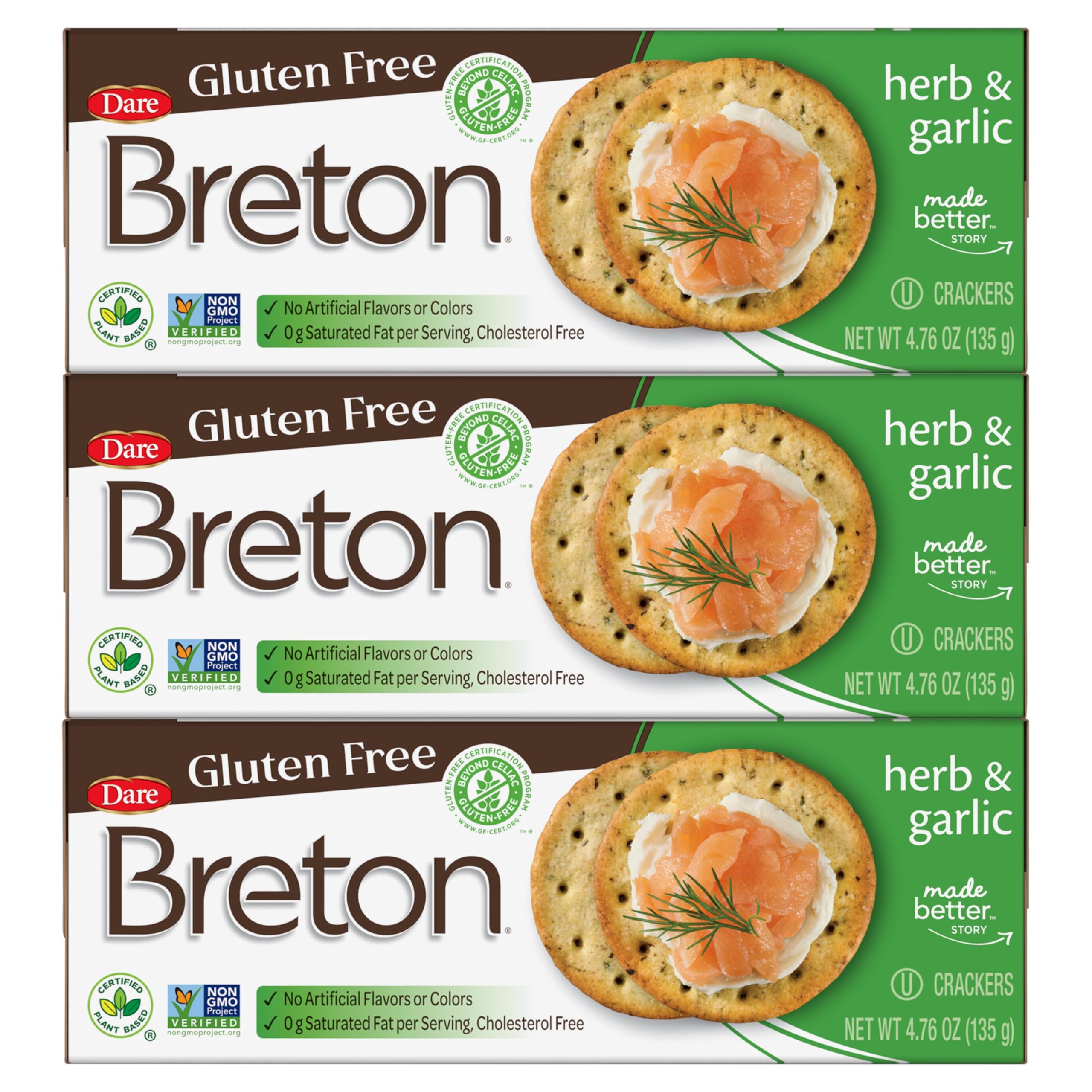 Gluten Free Herb & Garlic Breton Crackers - Pack of 3 | Healthy Snack for Parties, Picnics & Keto Diet | Crunchy Crackers for Cheese Pairing & Charcuterie Boards