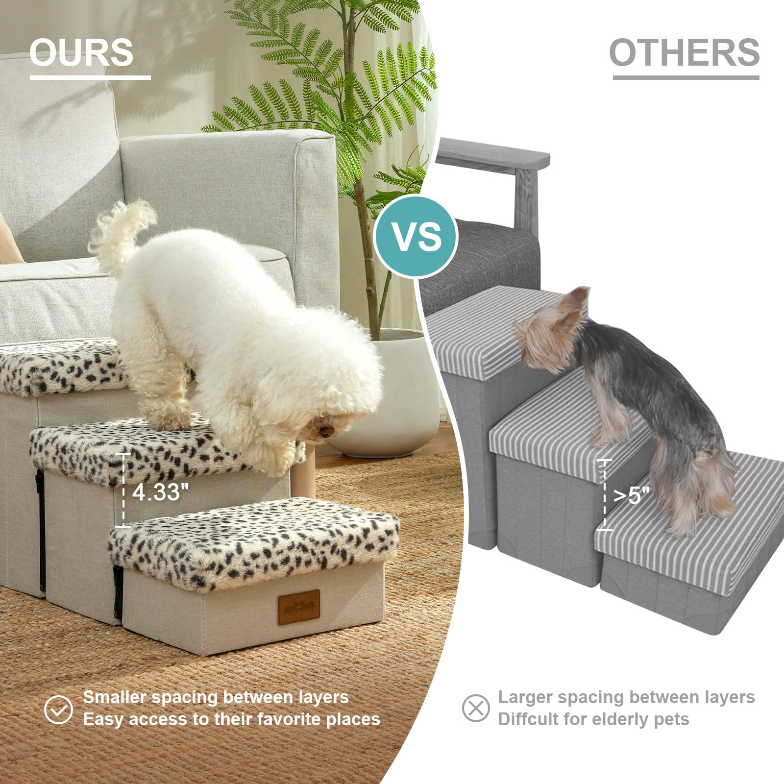 Foldable Dog Stairs for Small & Medium Dogs - 2-Tier Pet Steps with Storage & Soft Leopard Cover for Bed or Couch - 19.7x13x9.6 Inch - Perfect for Puppies, Senior Dogs & Older Cats | Ideal for Bedroom, Living Room & Pet-Friendly Homes