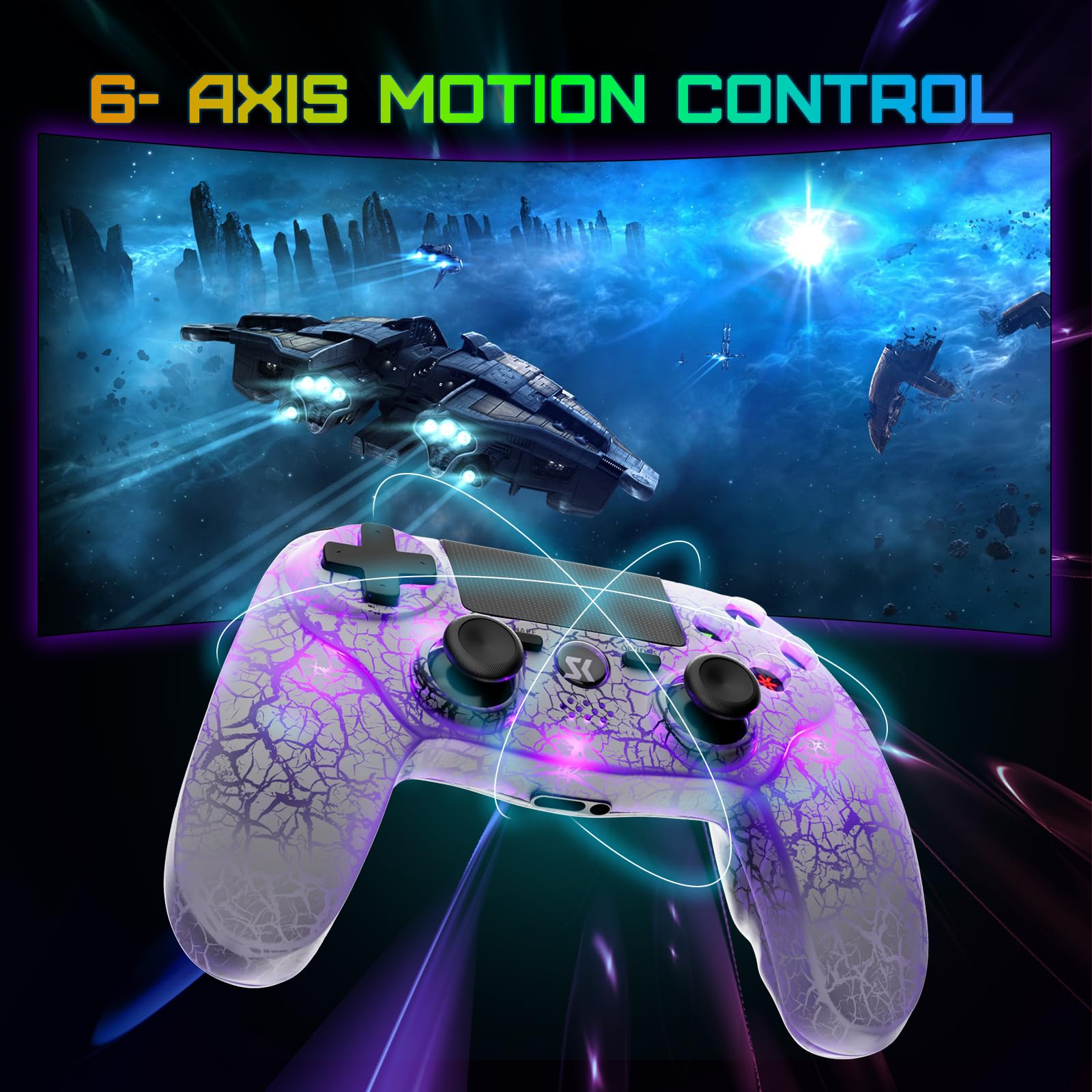 Wireless PS4 Controller for PlayStation 4/Pro/Slim - Adjustable RGB Lighting, 1000mAh Battery, 6-Axis Motion Sensor, Dual Shock Vibration & 3.5mm Audio Jack (White) - Perfect for Gaming, Streaming & Long Play Sessions