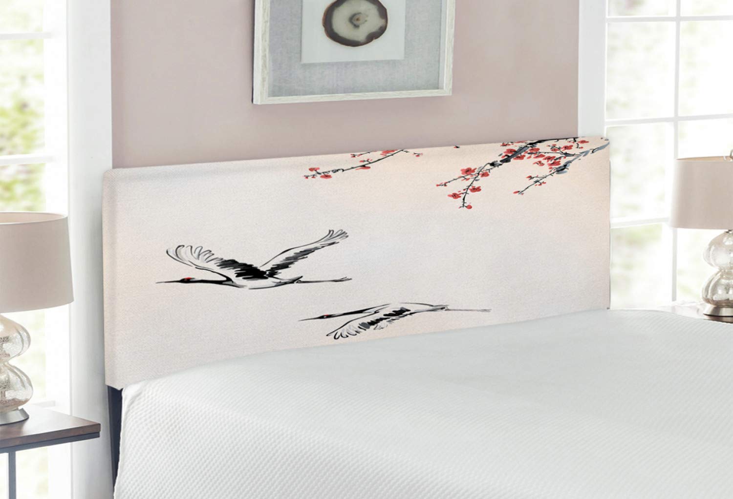 Ambesonne Full Size Upholstered Metal Headboard with Memory Foam - Japanese Cherry Tree & Flying Swallows Design in Red Grey Ecru - Perfect for Bedroom Decor & Spring-Themed Home Styling