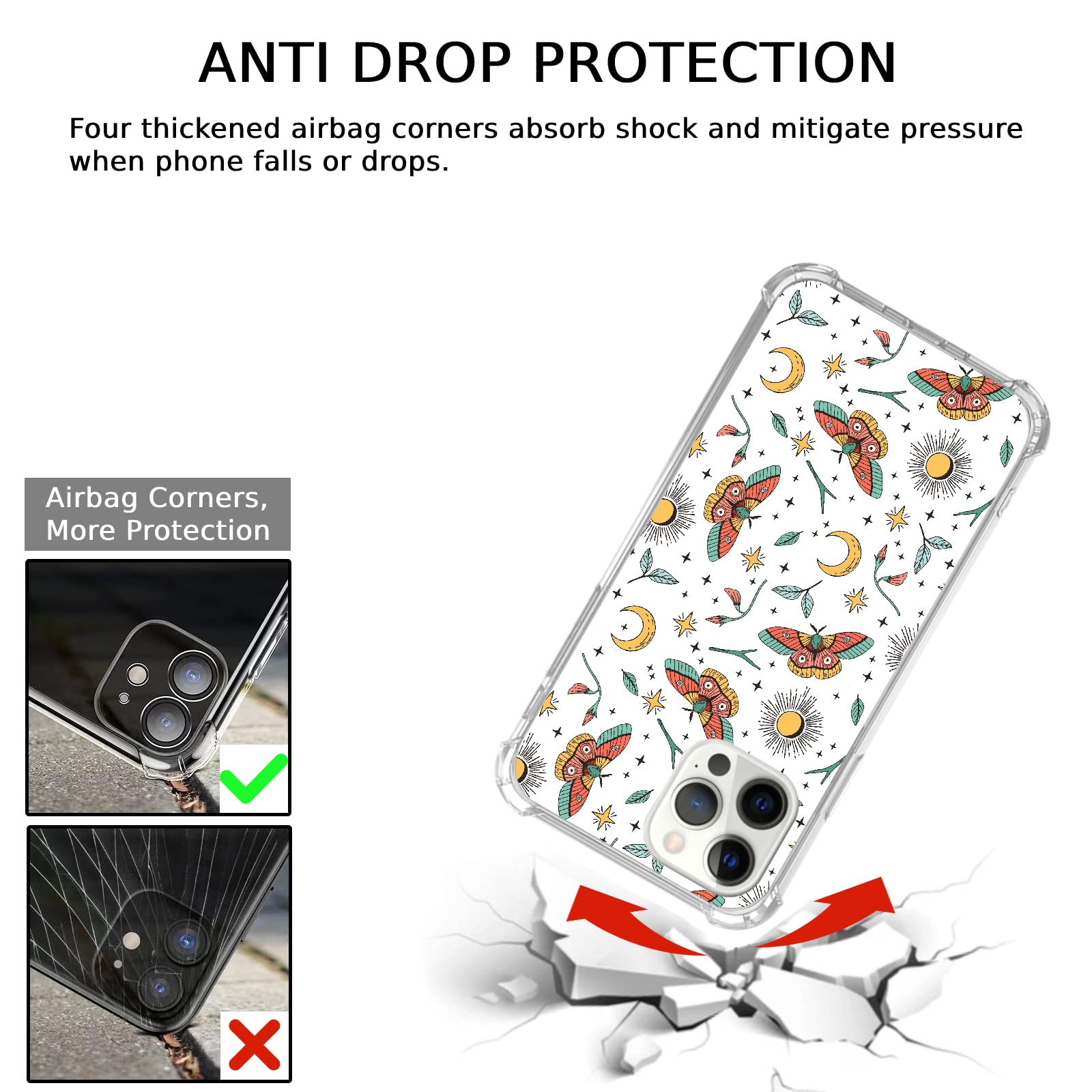 Witchy Sun Moon & Butterfly Cartoon iPhone 12 Pro Max Case | Cute TPU Bumper Phone Cover for Women Men Teens | Perfect for Daily Use, School & Outdoor Protection