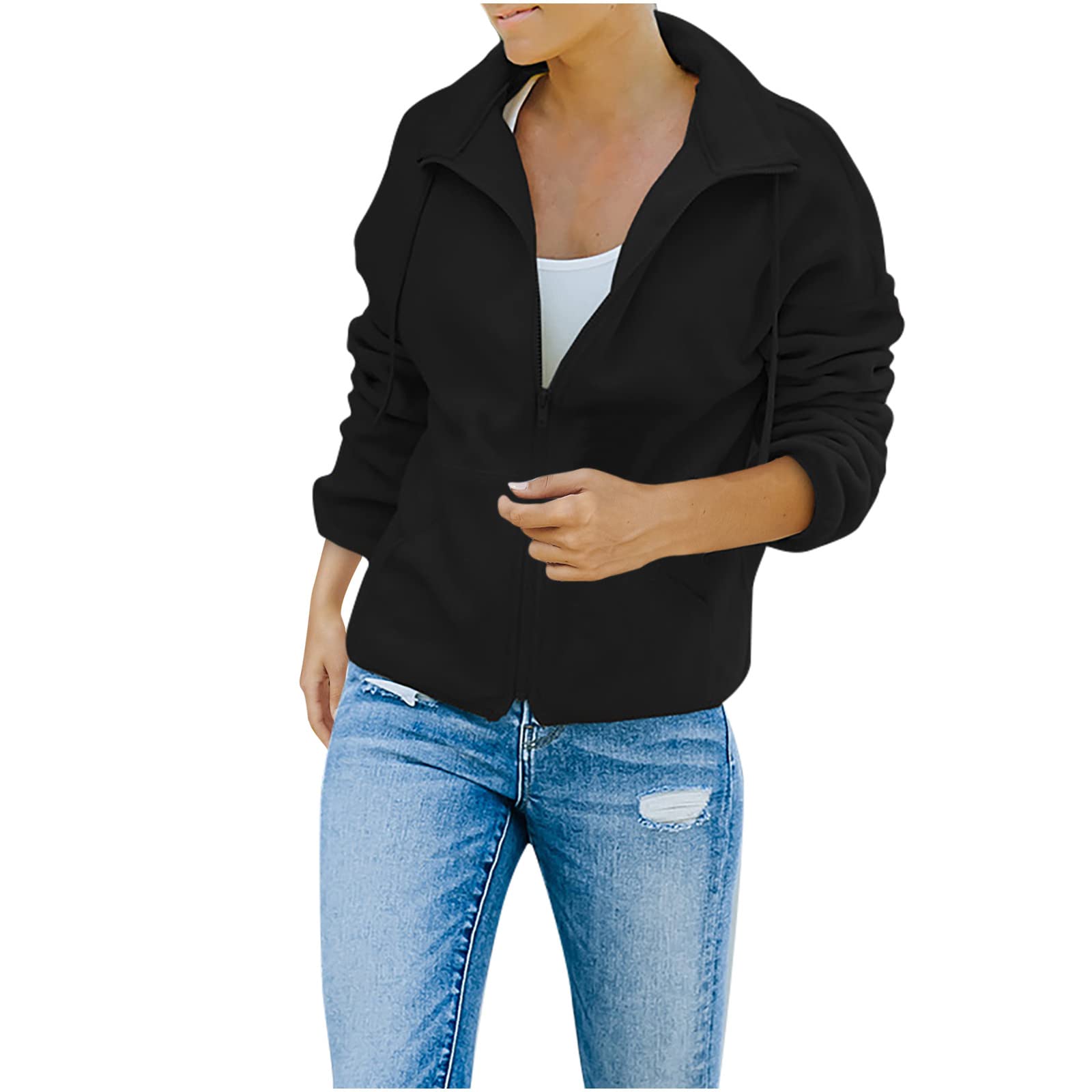Women's Wool Cropped Jacket - Winter Short Zip-Up Coat with Pockets | Solid Color Fashion Outerwear for Casual Wear & Street Style