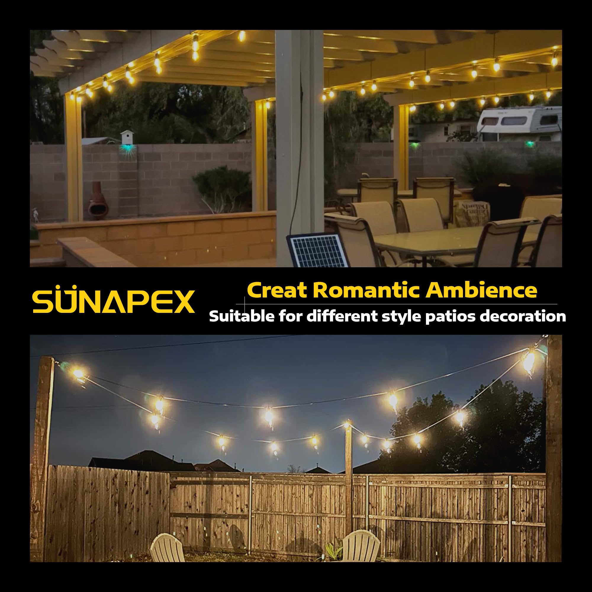SUNAPEX 96FT Solar String Lights Outdoor Waterproof - Shatterproof Edison Bulbs, Solar Powered Patio Lights for Backyard, Garden, Camping & Decoration - Perfect for Outdoor Parties, Weddings and Landscape Lighting