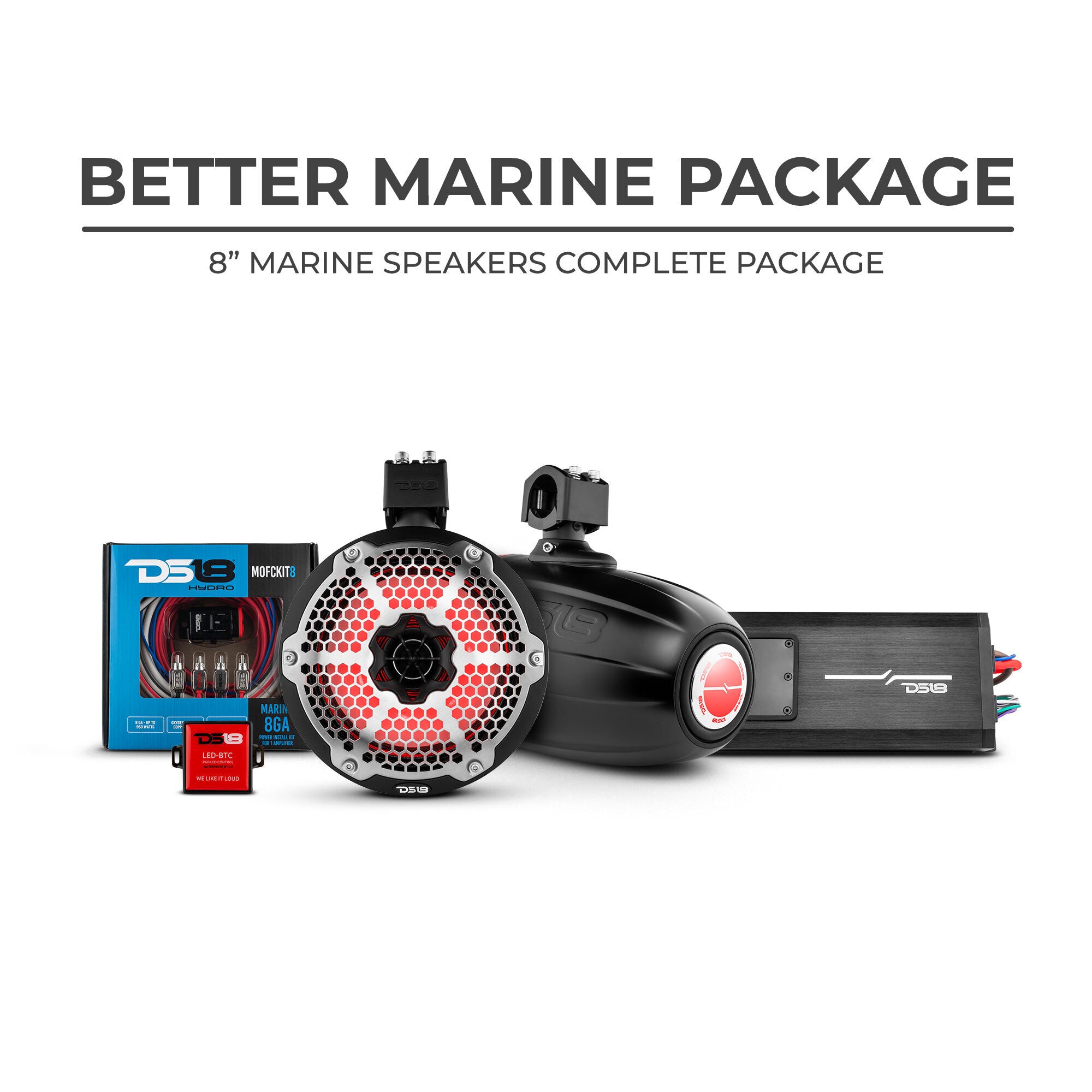 DS18 Better Marine Stereo Package with 2 x 8” Speaker Tower, 2-Channel Amplifier & MOFCKIT8 LED BTC Kit - Perfect for Boat Audio System Upgrades & Outdoor Marine Entertainment