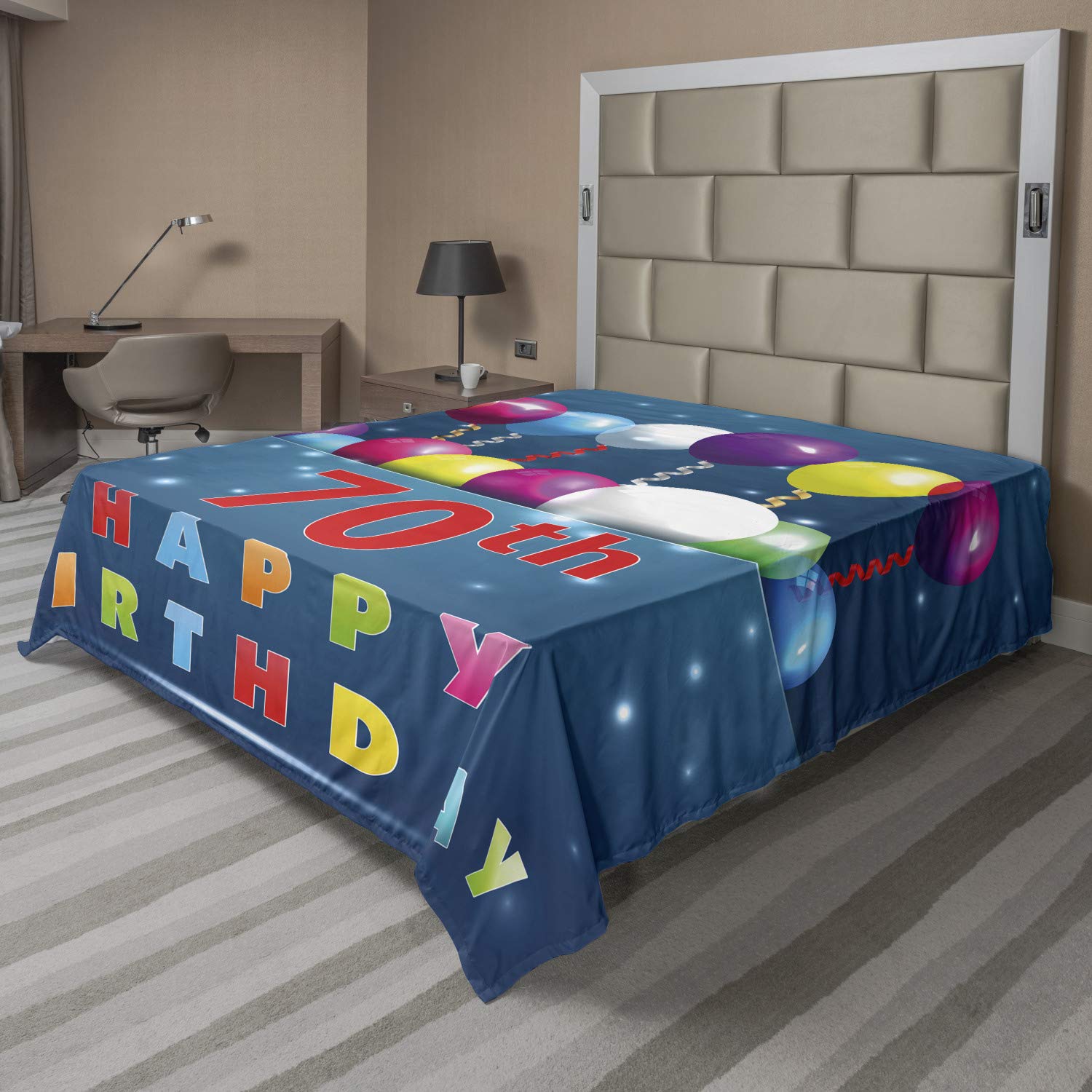 Ambesonne Queen Size 70th Birthday Party Flat Sheet - Colorful Balloons & Party Items Print on Dark Blue - Soft Comfortable Decorative Top Bedding (1 Piece, Multicolor) for Birthday Celebrations & Guest Room Decor