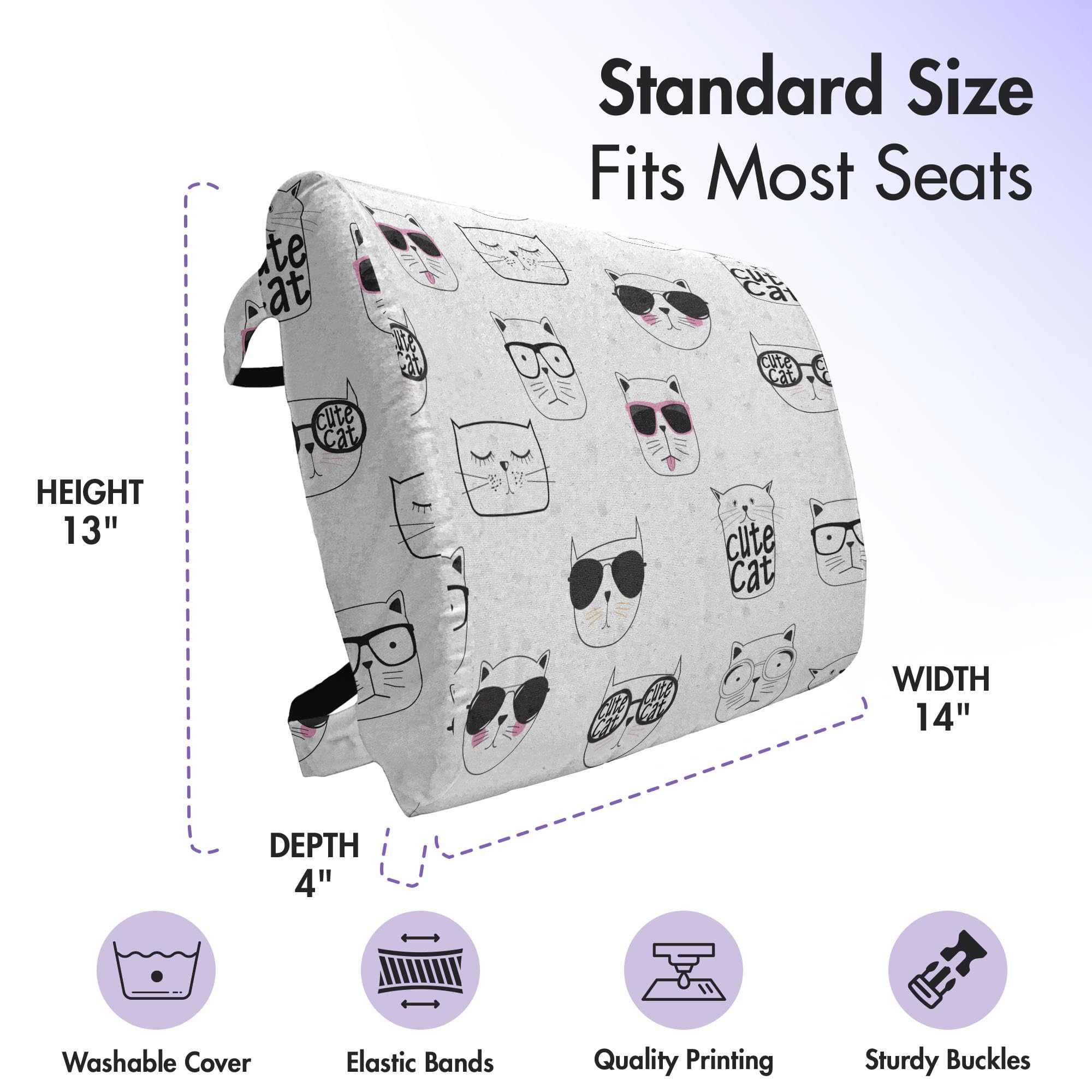 Ambesonne Cat Lumbar Support Pillow - Funny Hipster Cat with Sunglasses Design - High Density Foam for Office Chair & Car Seat - 14x13 Inch Black White Pink - Perfect for Back Pain Relief & Home/Office Decor