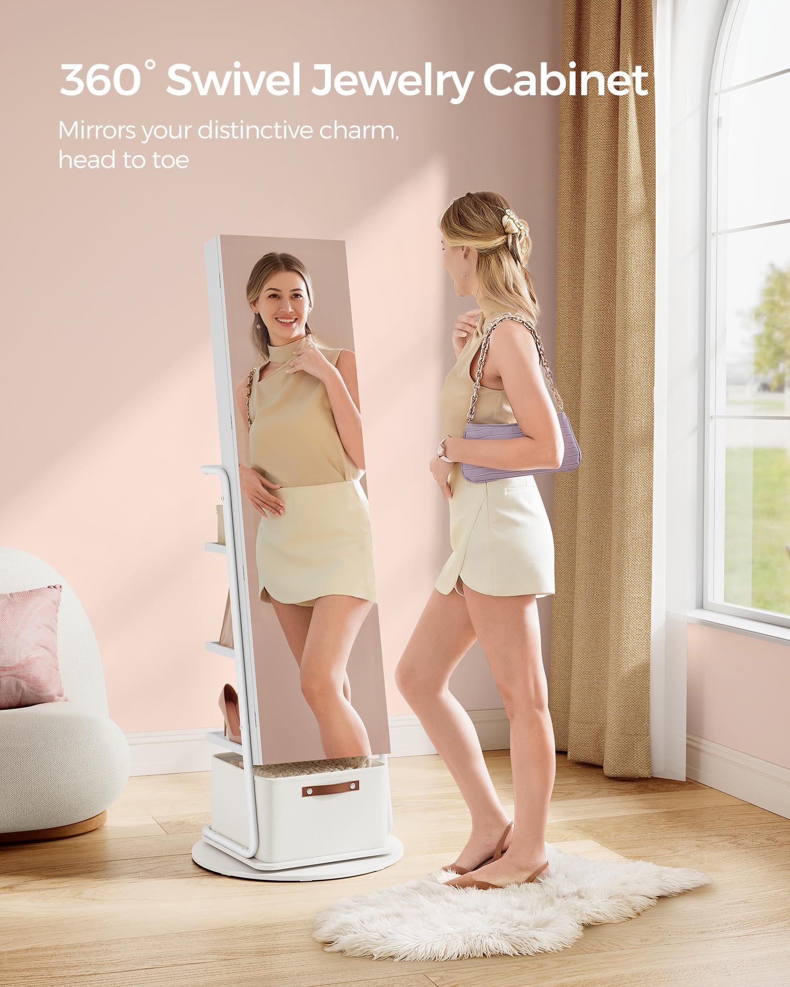 SONGMICS 360° Swivel Jewelry Cabinet with LED Lights - Full Length Mirror & Jewelry Storage Organizer - Standing Jewelry Armoire with Makeup Shelf & Storage Basket - Cloud White UJJC018W01 - Perfect for Bedroom, Dressing Room & Vanity Organization