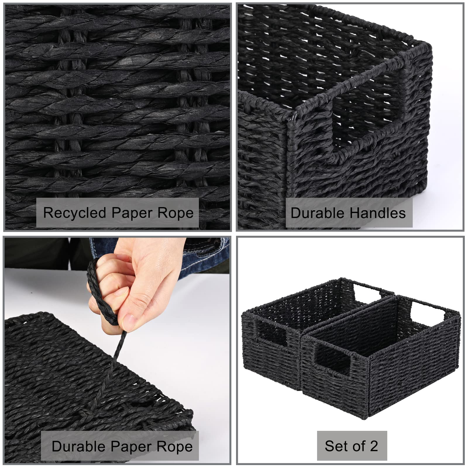 Vagusicc 2-Pack Woven Paper Rope Storage Baskets - Foldable Cube Organizer Bins for Shelves, Bathroom, Bedroom & Living Room - Perfect for Toilet Paper, Towels, Toys & Home Decor (Black)