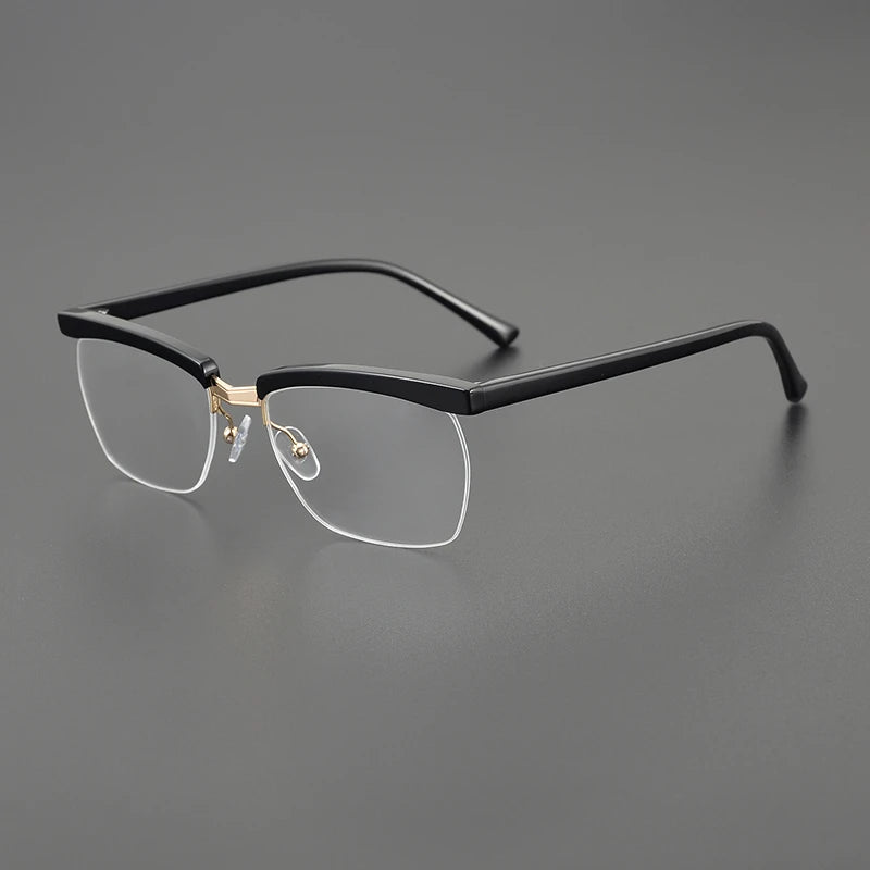 Stylish Black Acetate Semi-Rimmed Square Eyeglasses for Men - Trendy Brow Line Design TH001 | Perfect for Work, Reading & Fashion Accessories
