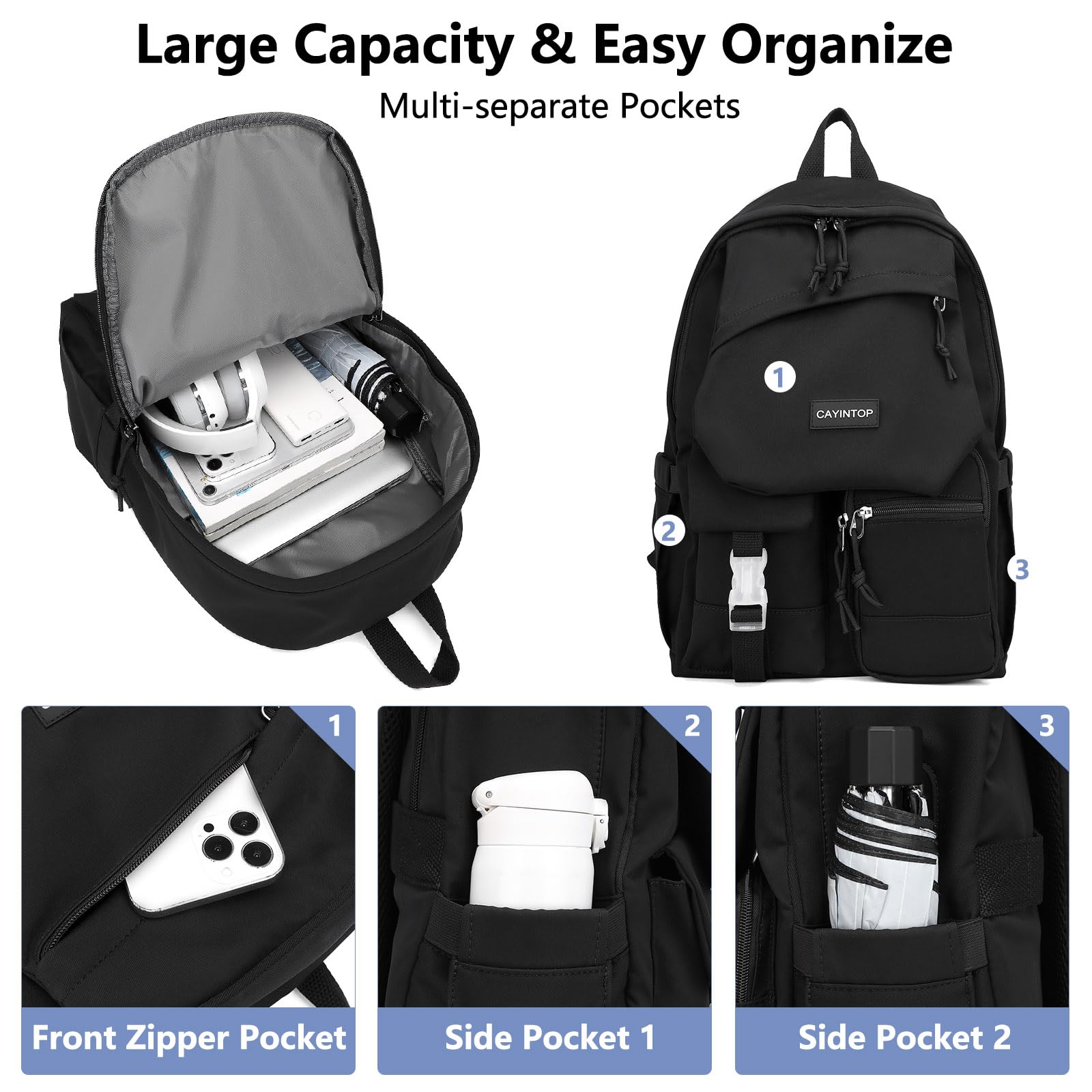 Stylish Black School Backpack for Students - 15.6 Inch Laptop Backpack with USB Charging Port for Women, Girls, Teens & Boys | Perfect for College, Work & Travel