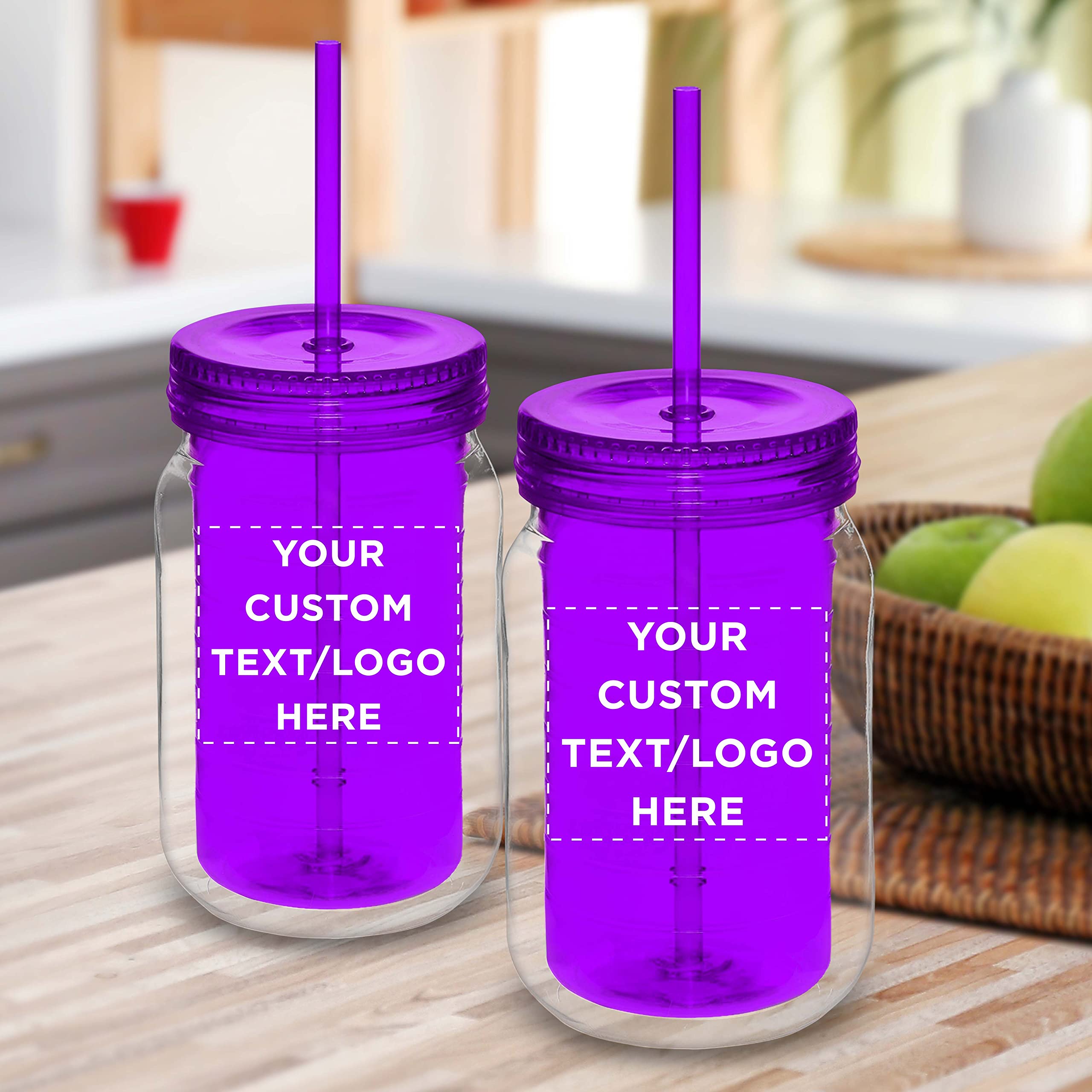 50 Pack 18oz Custom Purple Acrylic Tumblers with Straws - Personalized Bulk Drinkware for Smoothies, Iced Coffee & Soda - Great for Parties, Restaurants & Promotional Events