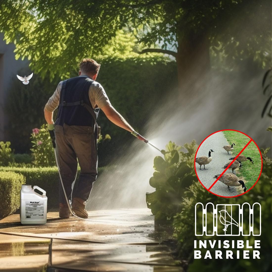Bird-X Bird Stop Liquid - Invisible & Effective Bird Repellent with Methyl Anthranilate | Easy-to-Apply 1-Gallon Solution for Gardens, Farms & Outdoor Areas | Keeps Birds Away Naturally