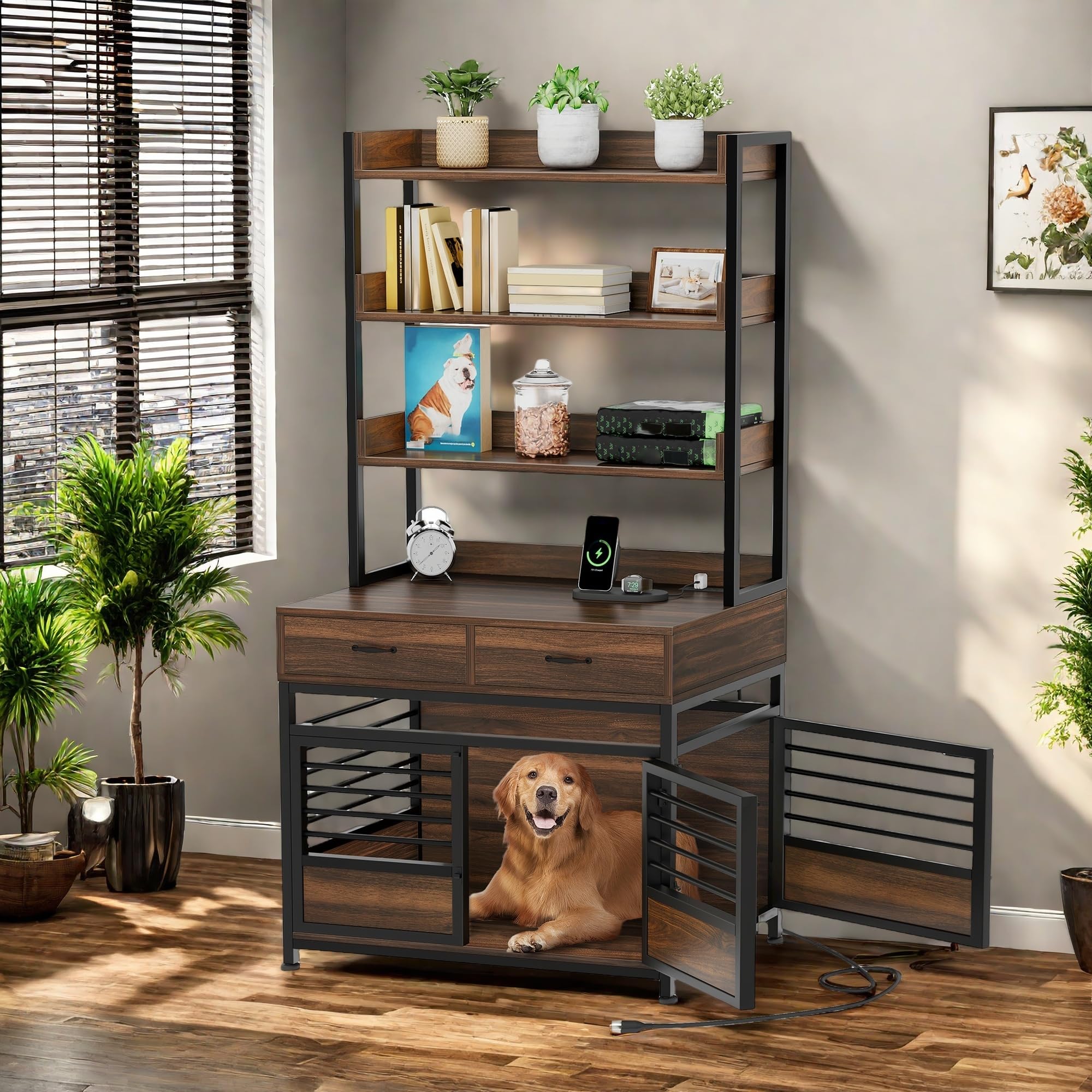 YITAHOME 39 Inch Wooden Dog Crate Furniture with Storage Shelves & Power Outlets - Large Dog Kennel Indoor with Double Doors & Drawers - Rustic Brown Farmhouse Style Pet Cage for Living Room, Bedroom & Home Decor