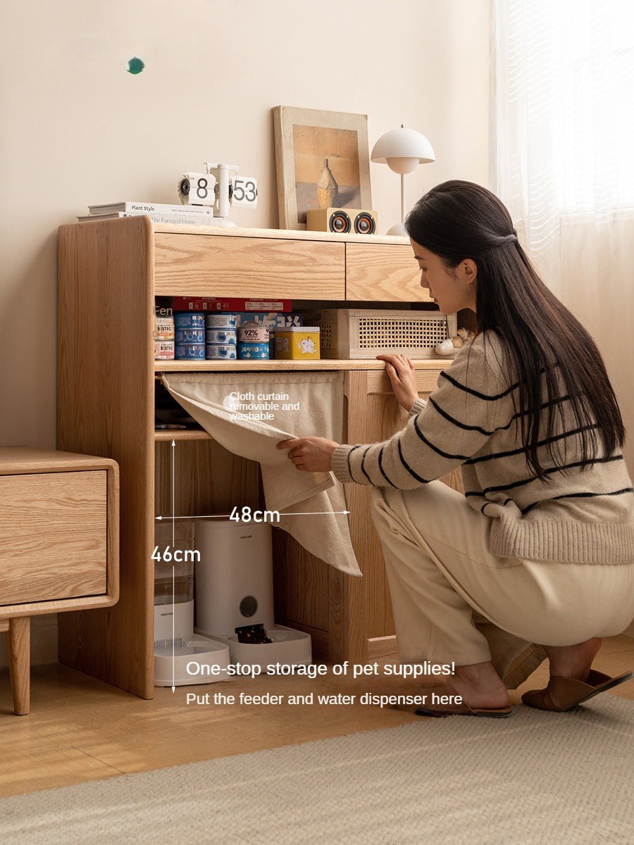 Solid Oak Wood Side Cabinet with Cat Pet Supplies Storage - Perfect for Living Room, Bedroom, or Entryway Organization - Compatible with Robot Vacuum Cleaners