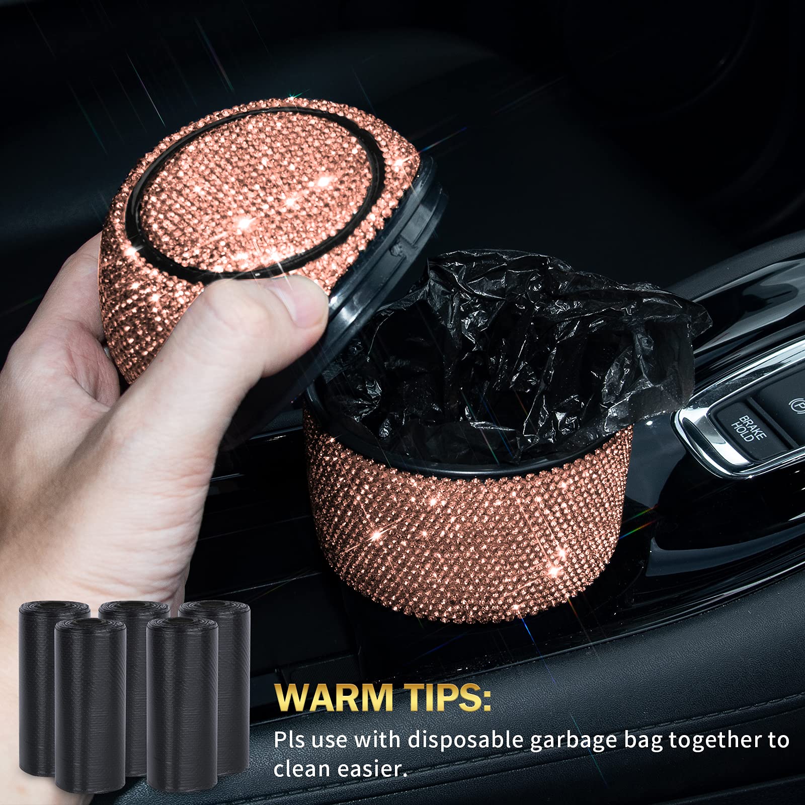Bling Crystal Car Trash Can with Lid - Mini Auto Garbage Bin for Car, Office & Home - 5 Pack Disposable Bags Included - Gold Cup Holder Trash Can for Women (Perfect for Road Trips, Commuting & Workspace Organization)