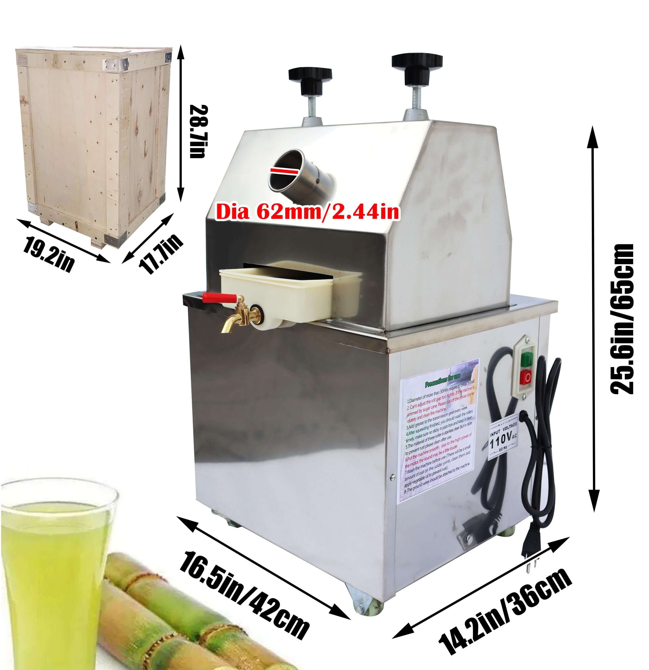1100W Commercial & Home Electric Sugarcane Juicer Machine - 110V Vertical Press with 3 Stainless Steel Rollers, High-Density Filter & 2 Cane Knives - 660lb/h Output for Juice Bars, Restaurants & Home Use