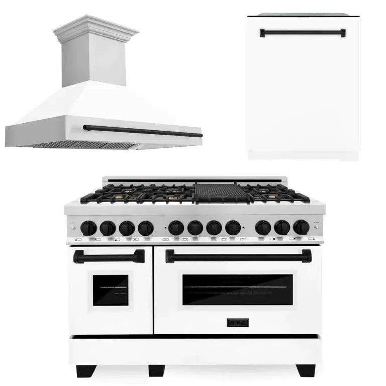 ZLINE Autograph Edition 48-inch Stainless Steel Dual Fuel Range with White Matte Door, Range Hood & Dishwasher - Matte Black Accents (3AKP RAWMRHDWM48 MB) | Professional Kitchen Package for Home Chefs & Modern Culinary Enthusiasts