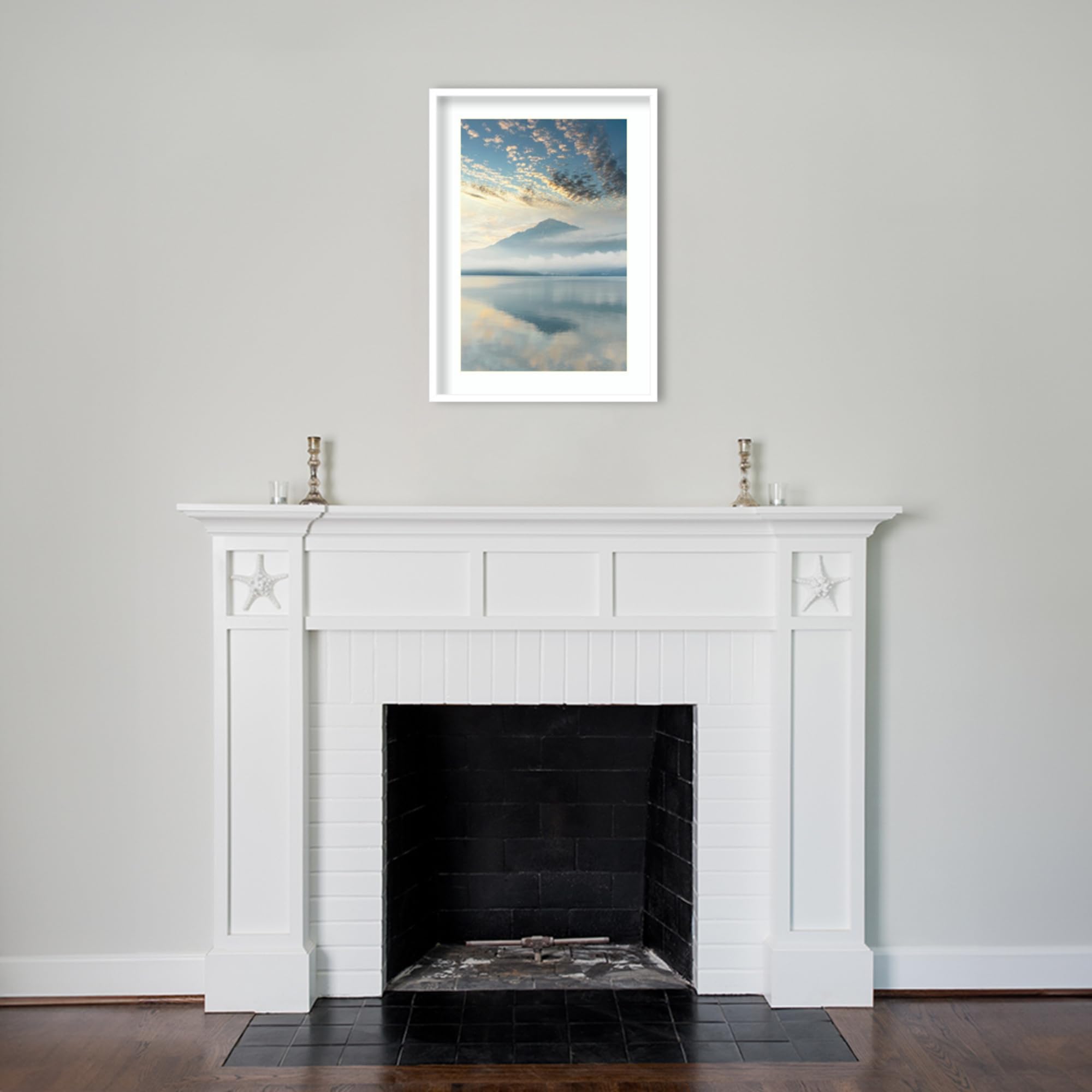 Amanti Art Framed Wall Art Print - 33x24 Gravedona Harbor Sunrise Mountain Landscape by Alan Blaustein | Coastal Decor & Large Poster Painting for Living Room, Bedroom, Bathroom | Perfect for Home, Office & Gift Giving