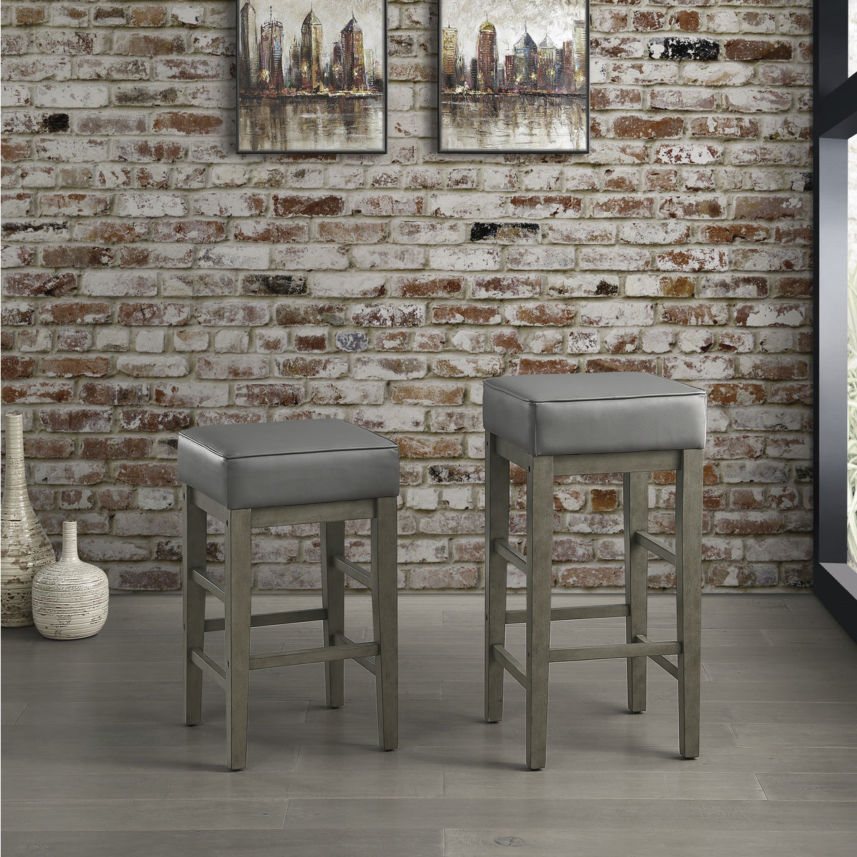 Vintage Gray Bar Stools Set of 2 - Faux Leather Counter Height Stools for Kitchen Island, Breakfast Bar & Home Decor - Antique Style Barstools with Padded Seat