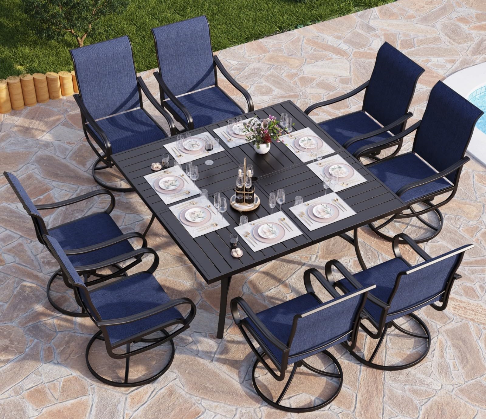PHI VILLA 9-Piece Outdoor Patio Dining Set with Large Square Metal Table & 8 Swivel Chairs - Blue Patio Furniture for 8-Person Dining | Perfect for Backyard BBQs, Poolside Gatherings & Garden Parties
