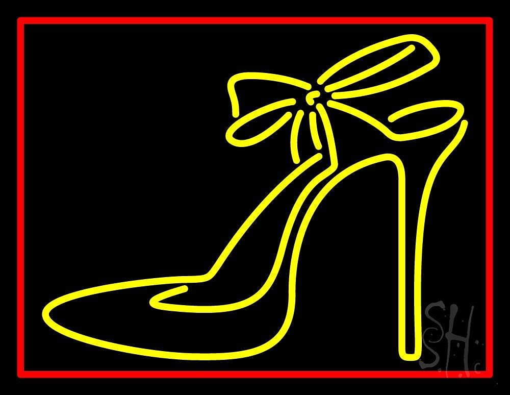 Yellow High Heels With Ribbon LED Neon Sign 15x19 Inches - Black Square Cut Acrylic Backing with Dimmer, Bright Premium Indoor LED Neon Light for Store Decor, Boutique, Salon, or Home Bar Lighting - Perfect for Retail Displays, Wedding Decor & Nightclub Atmosphere