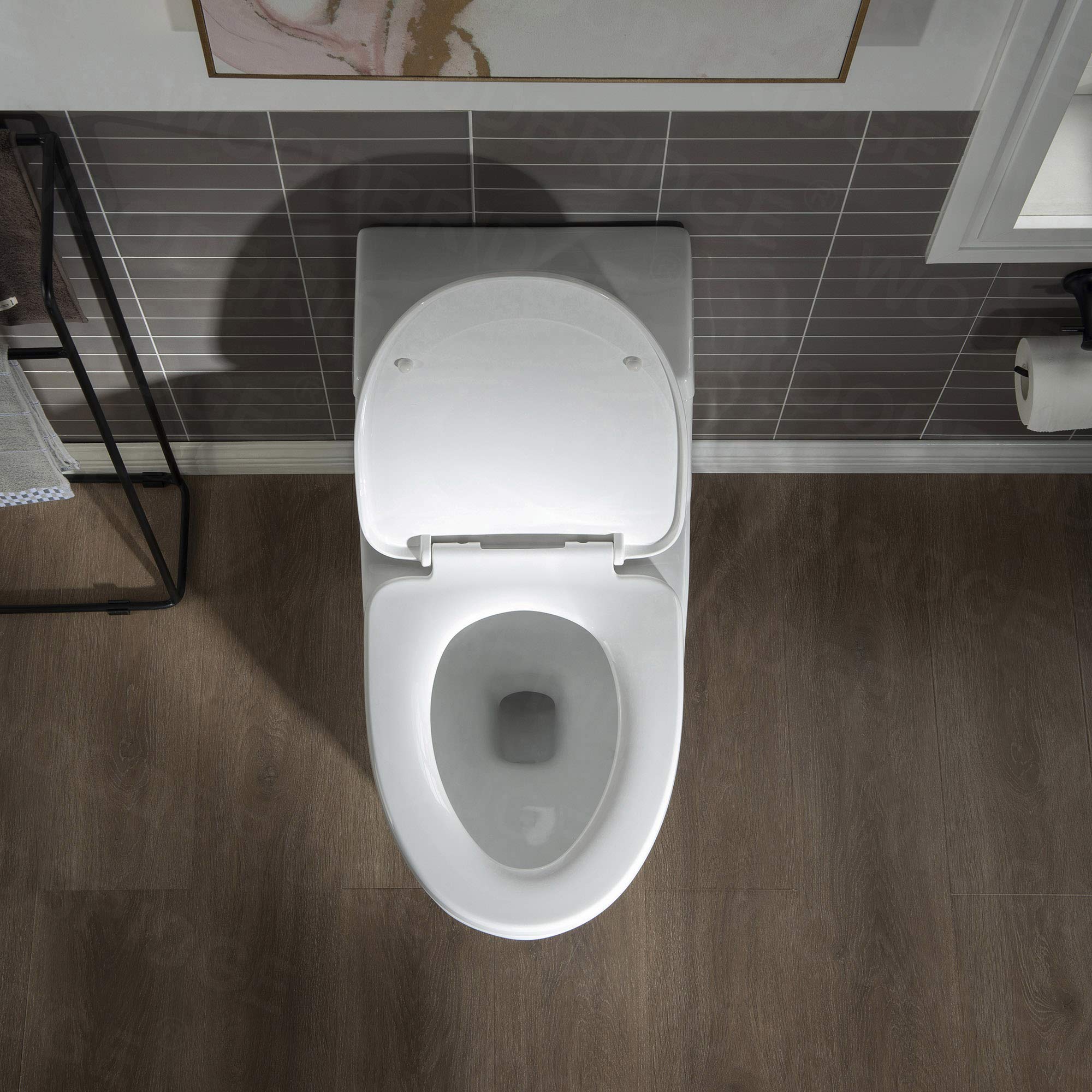 WOODBRIDGEE One Piece Toilet with Soft-Close Seat - Chair Height ADA Comfort, 1.28 GPF Dual Flush Water-Saving Design, 1000g MaP Flushing Power with Chrome Push Button (Model T0001-CH, White) - Perfect for Modern Bathrooms & Water-Efficient Homes