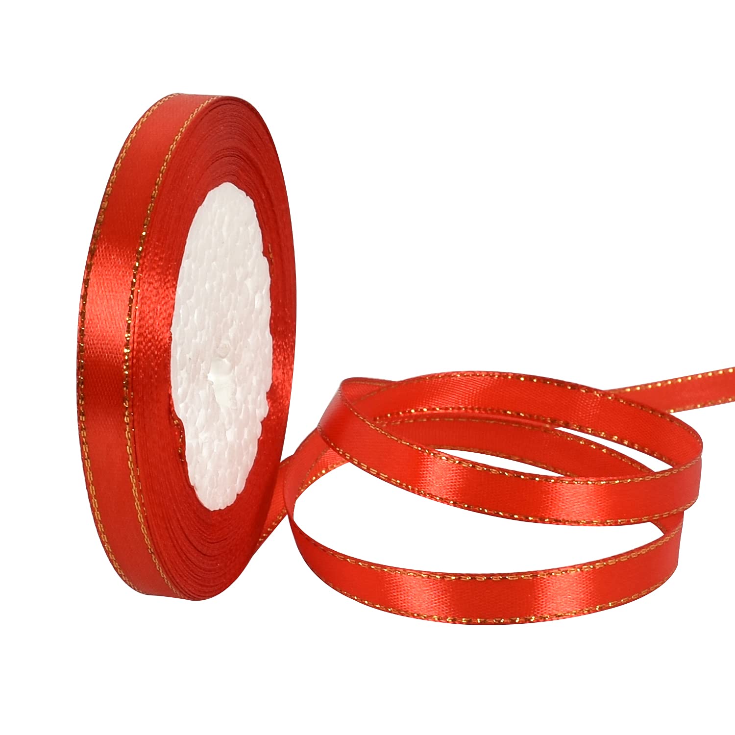 TONIFUL 3/8 Inch x 25 Yards Thin Red and Gold Satin Ribbon with Gold Edges - Premium Fabric Ribbon for Gift Wrapping, Wedding Decor, Birthday Party, Cake Decoration, Floral Crafts, Bow Making, Valentine's Day Bouquets & DIY Projects