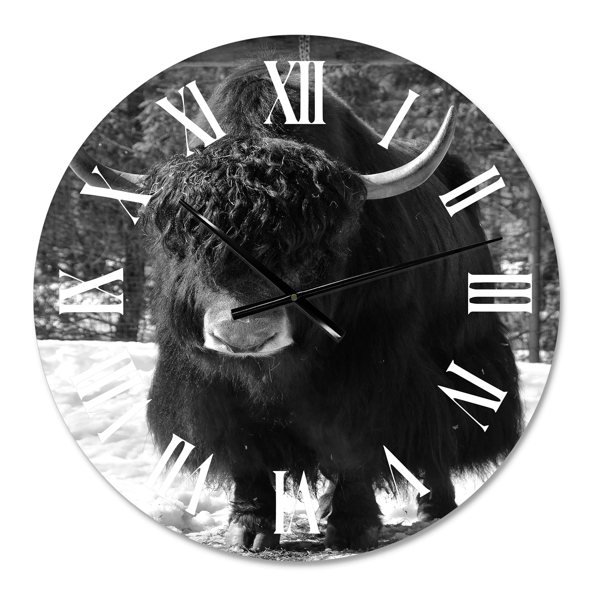 DesignQ Farmhouse Wall Clock - Large Winter Forest Wild Bull Portrait for Living Room, Kitchen, Bedroom Decor | Rustic Animal Wall Art for Home & Office